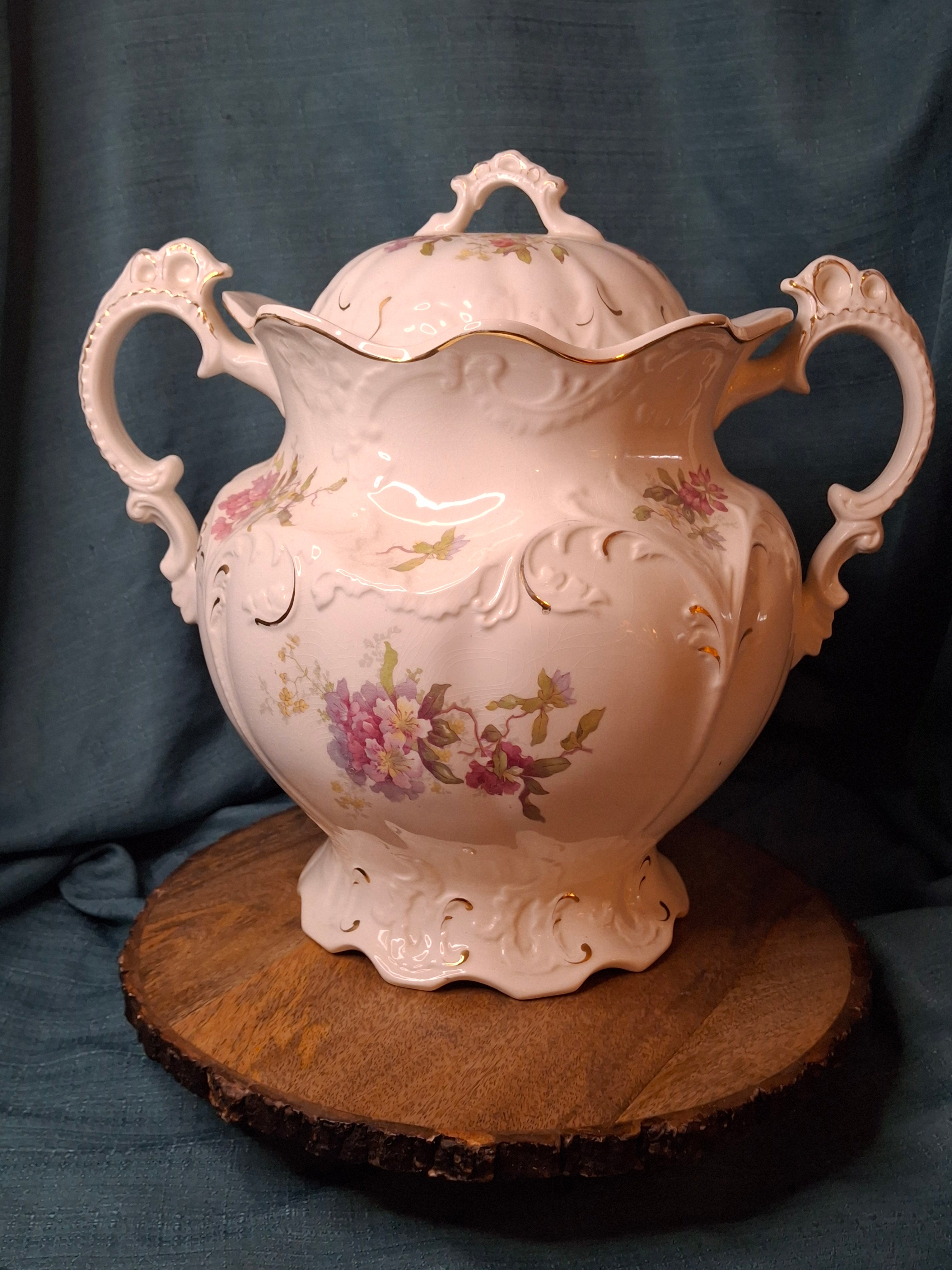 Antique Johnson Bros England Slop Jar Chamber Pot & Lid Victorian Floral Gold 12.5"