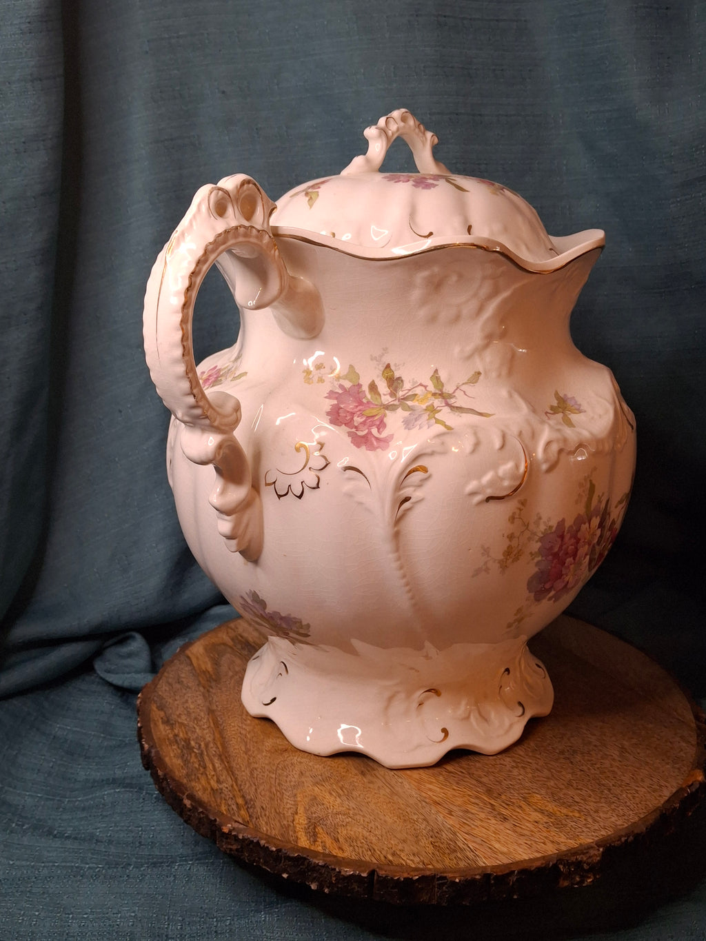 Antique Johnson Bros England Slop Jar Chamber Pot & Lid Victorian Floral Gold 12.5"