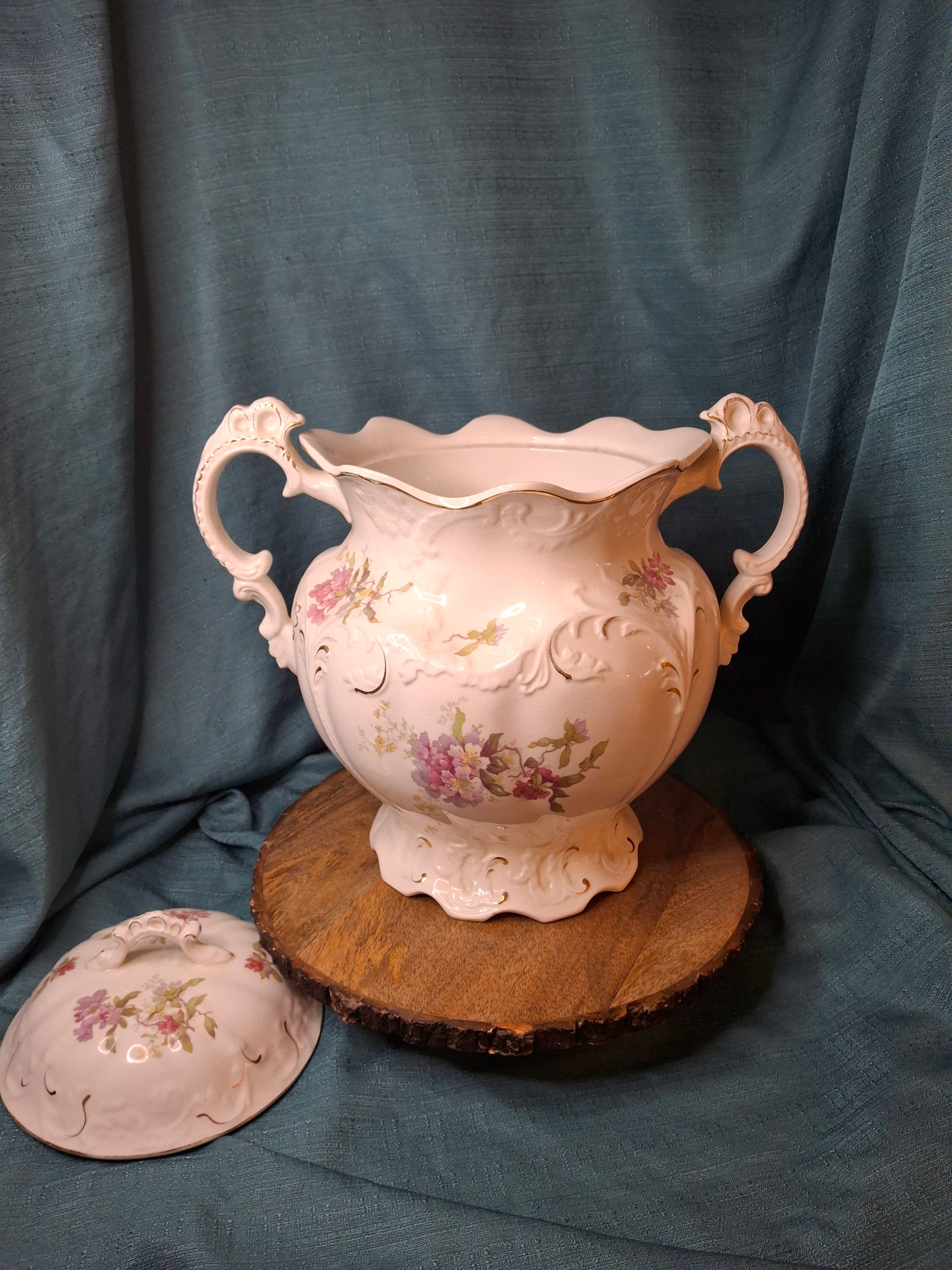Antique Johnson Bros England Slop Jar Chamber Pot & Lid Victorian Floral Gold 12.5"