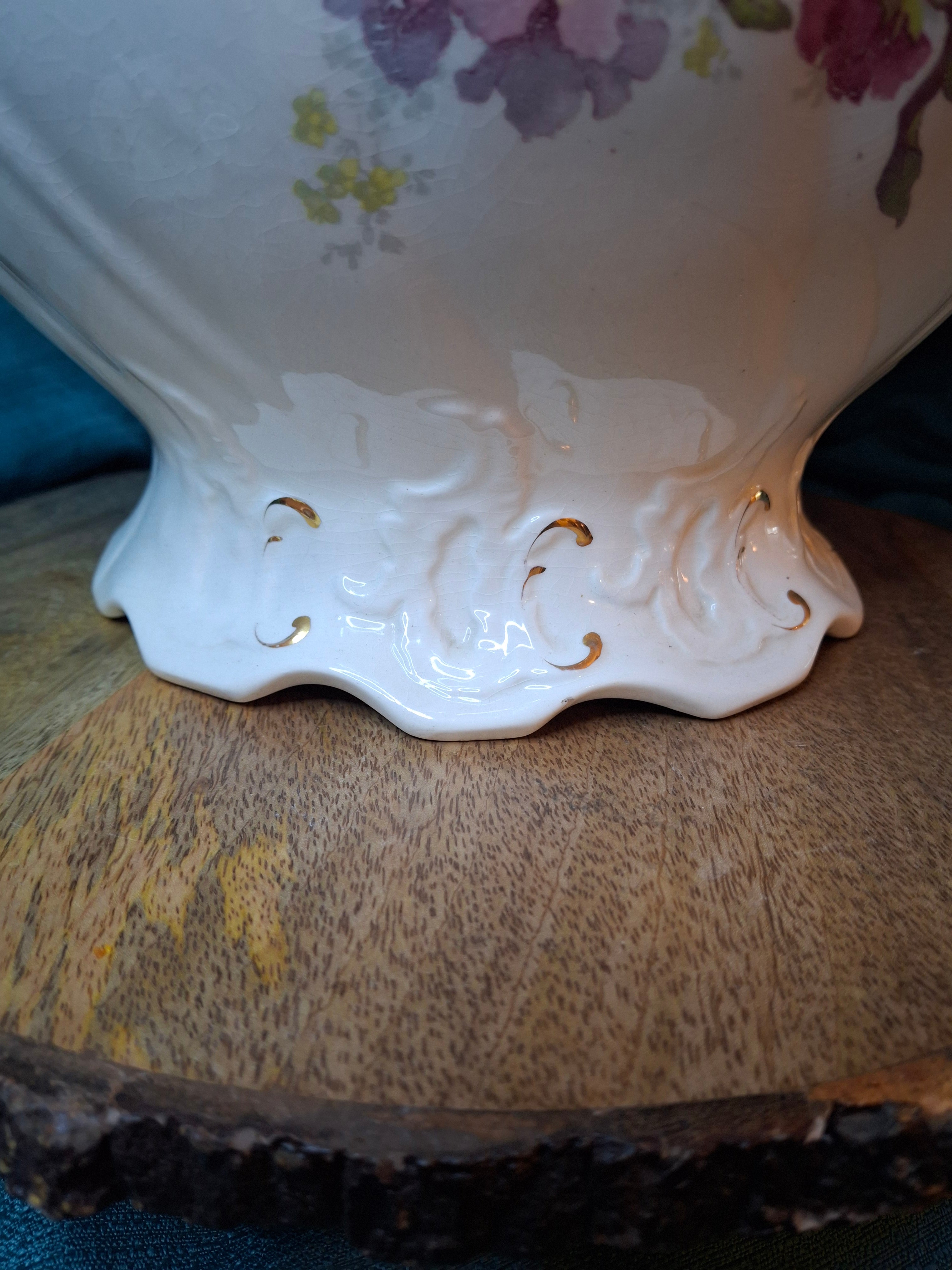 Antique Johnson Bros England Slop Jar Chamber Pot & Lid Victorian Floral Gold 12.5"