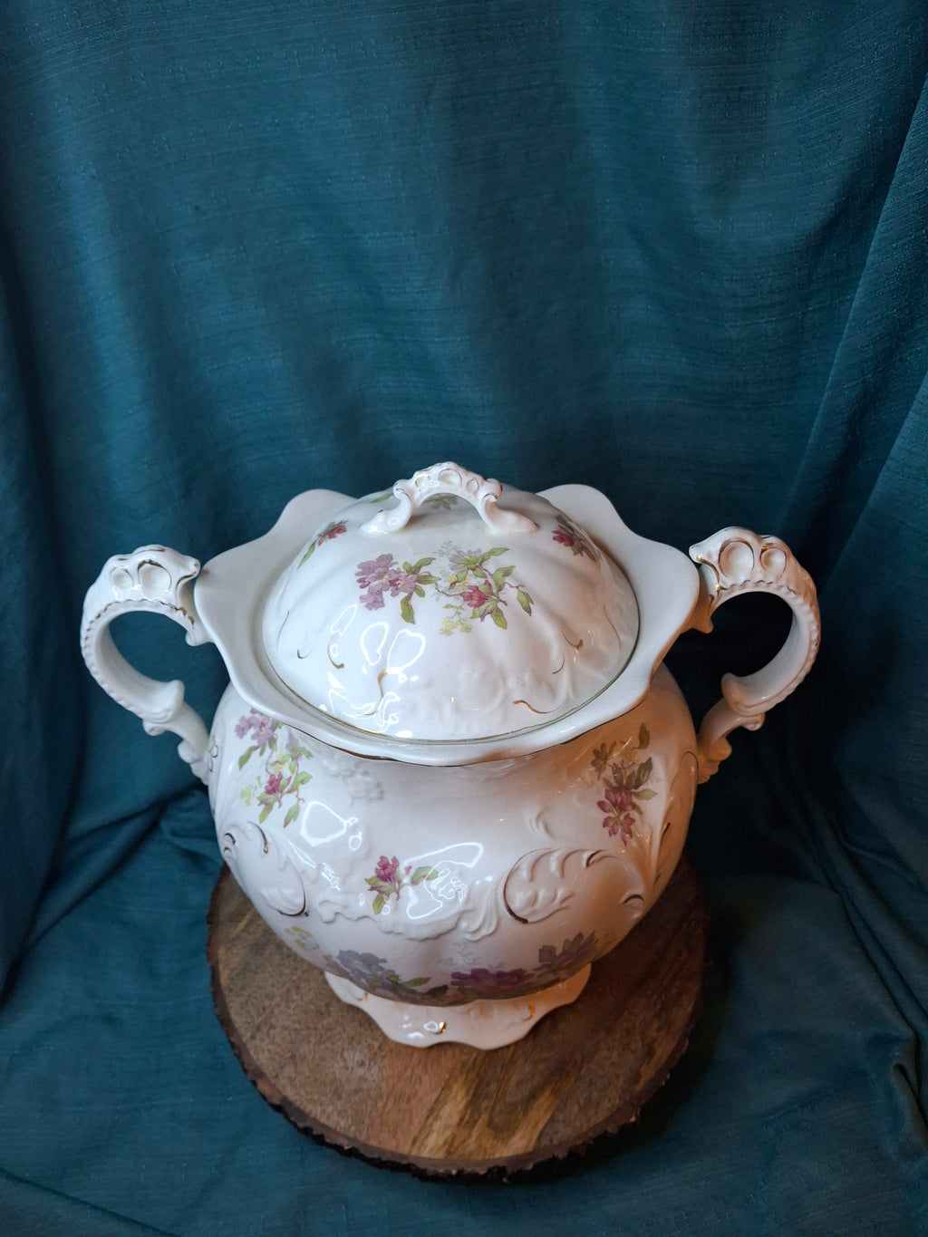 Antique Johnson Bros England Slop Jar Chamber Pot & Lid Victorian Floral Gold 12.5"