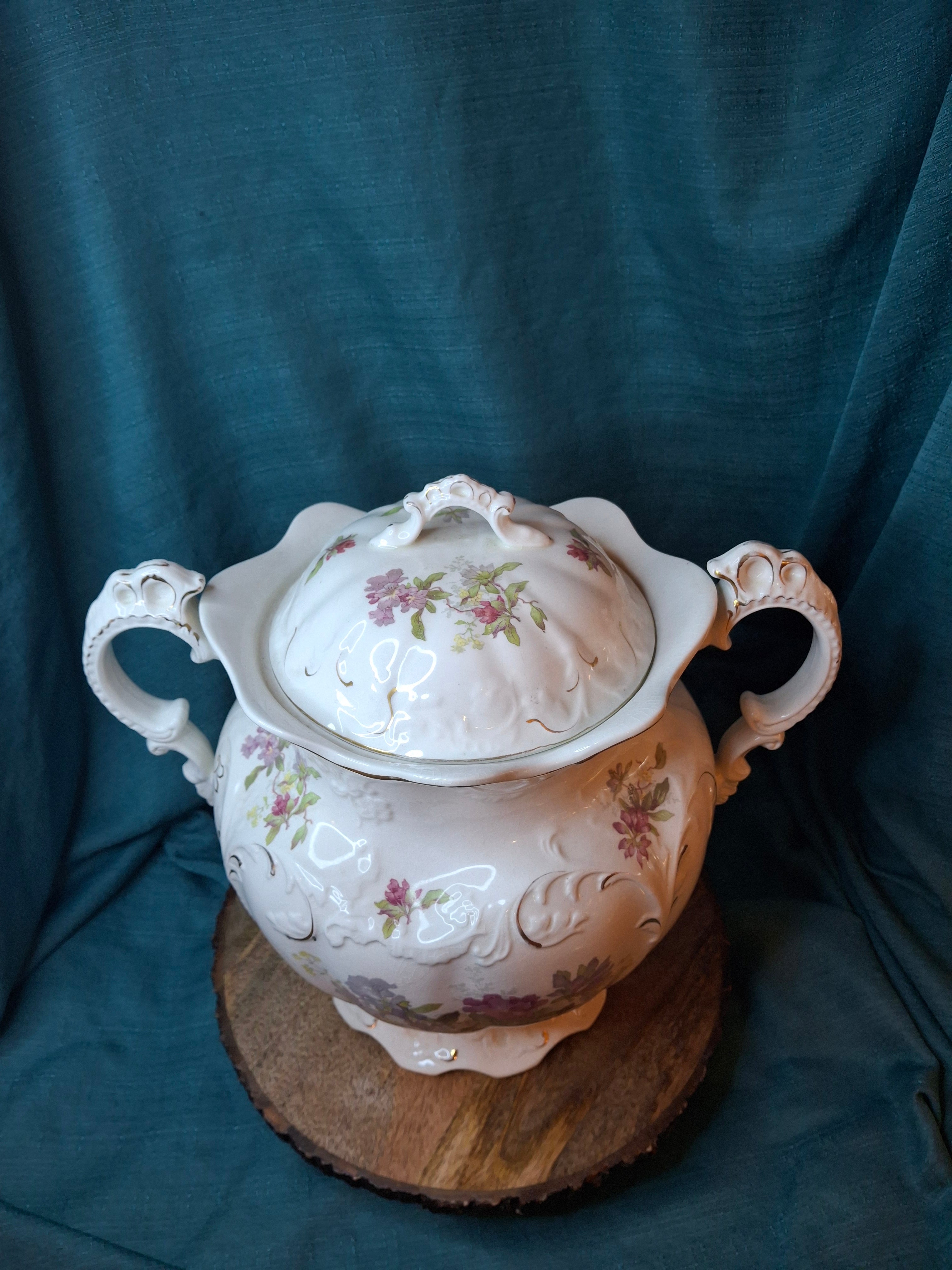 Antique Johnson Bros England Slop Jar Chamber Pot & Lid Victorian Floral Gold 12.5"