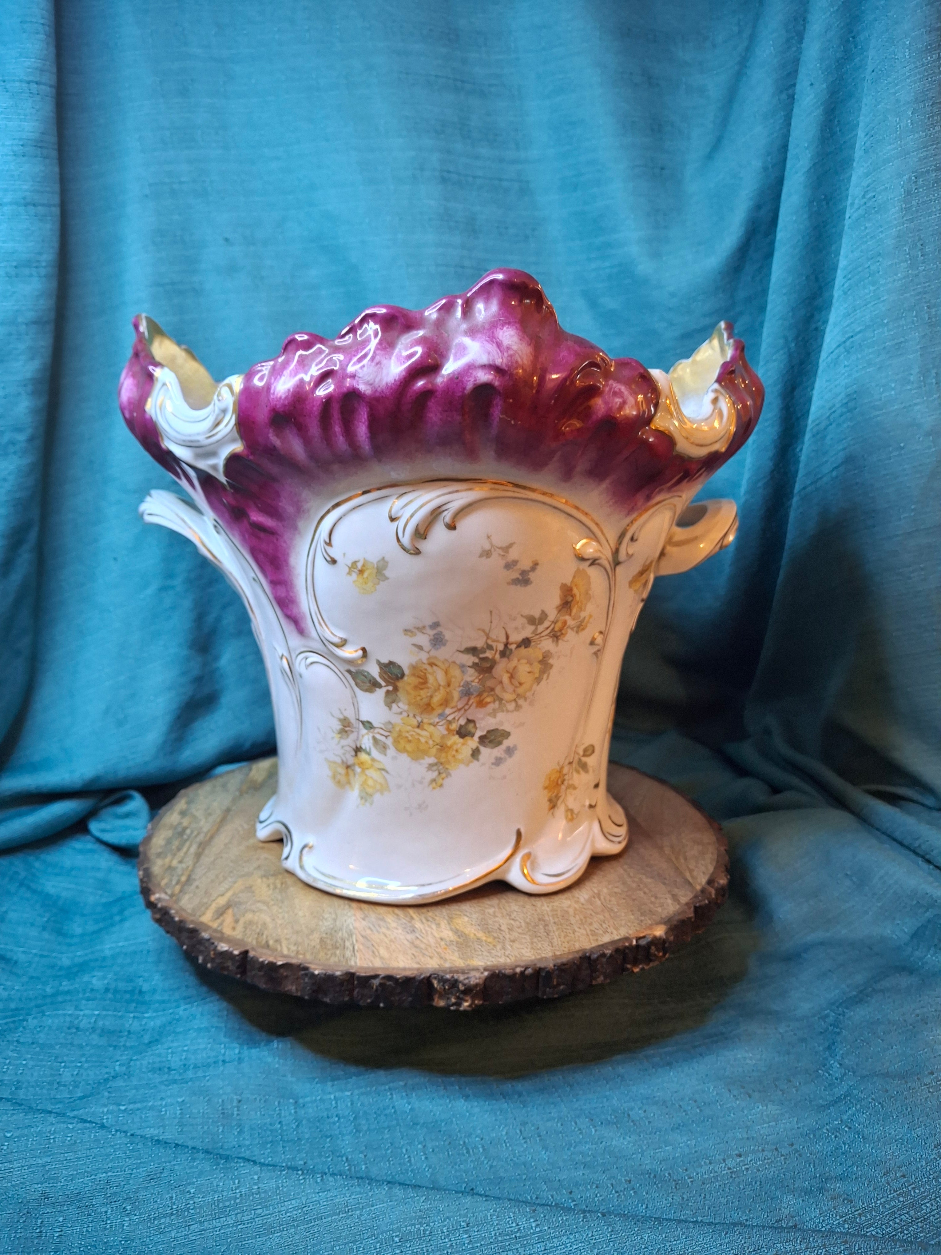 Antique Victorian Porcelain Jardinière Planter Centerpiece Yellow Roses Gold Gilt Plum 11"