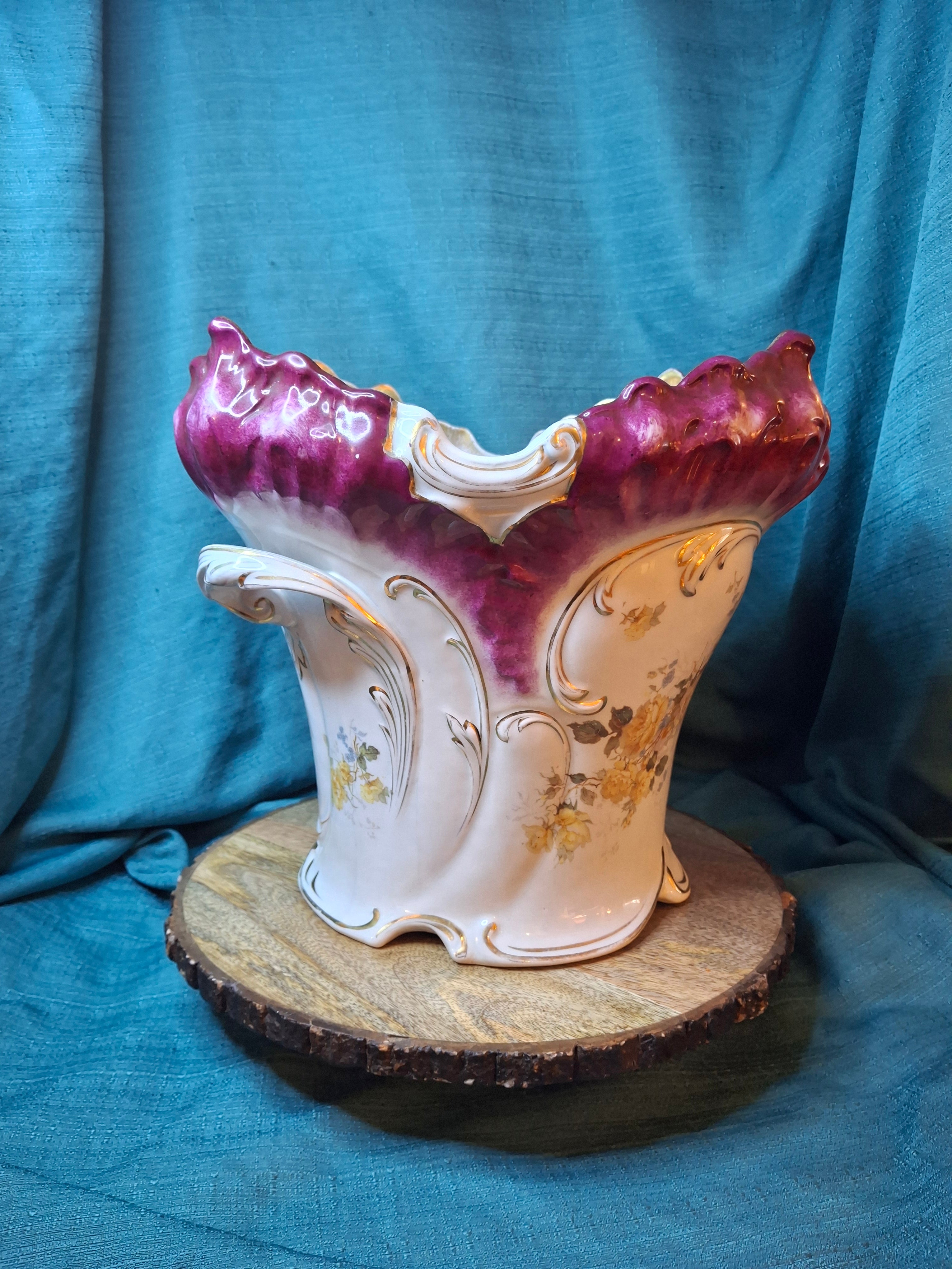 Antique Victorian Porcelain Jardinière Planter Centerpiece Yellow Roses Gold Gilt Plum 11"