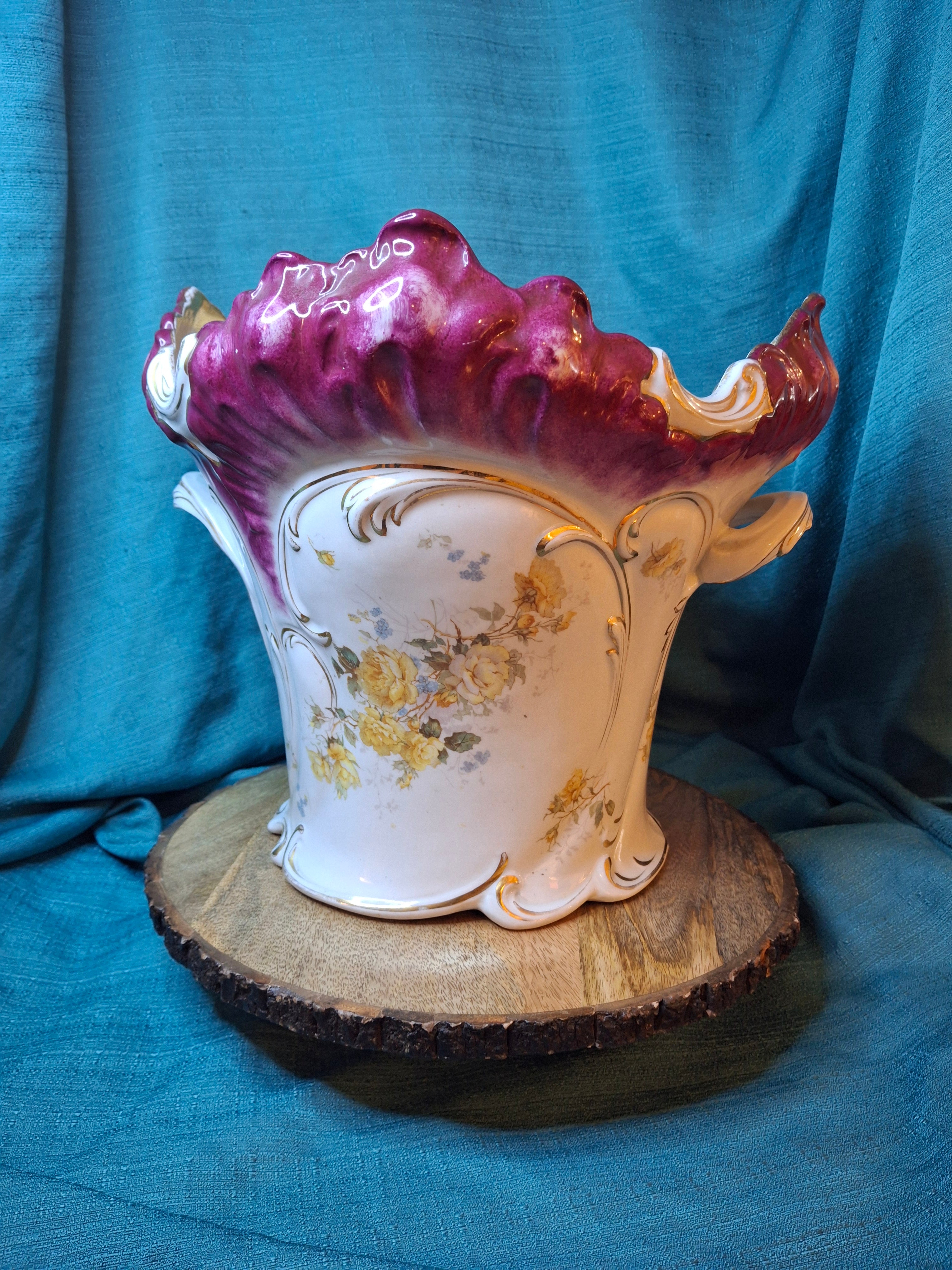 Antique Victorian Porcelain Jardinière Planter Centerpiece Yellow Roses Gold Gilt Plum 11"