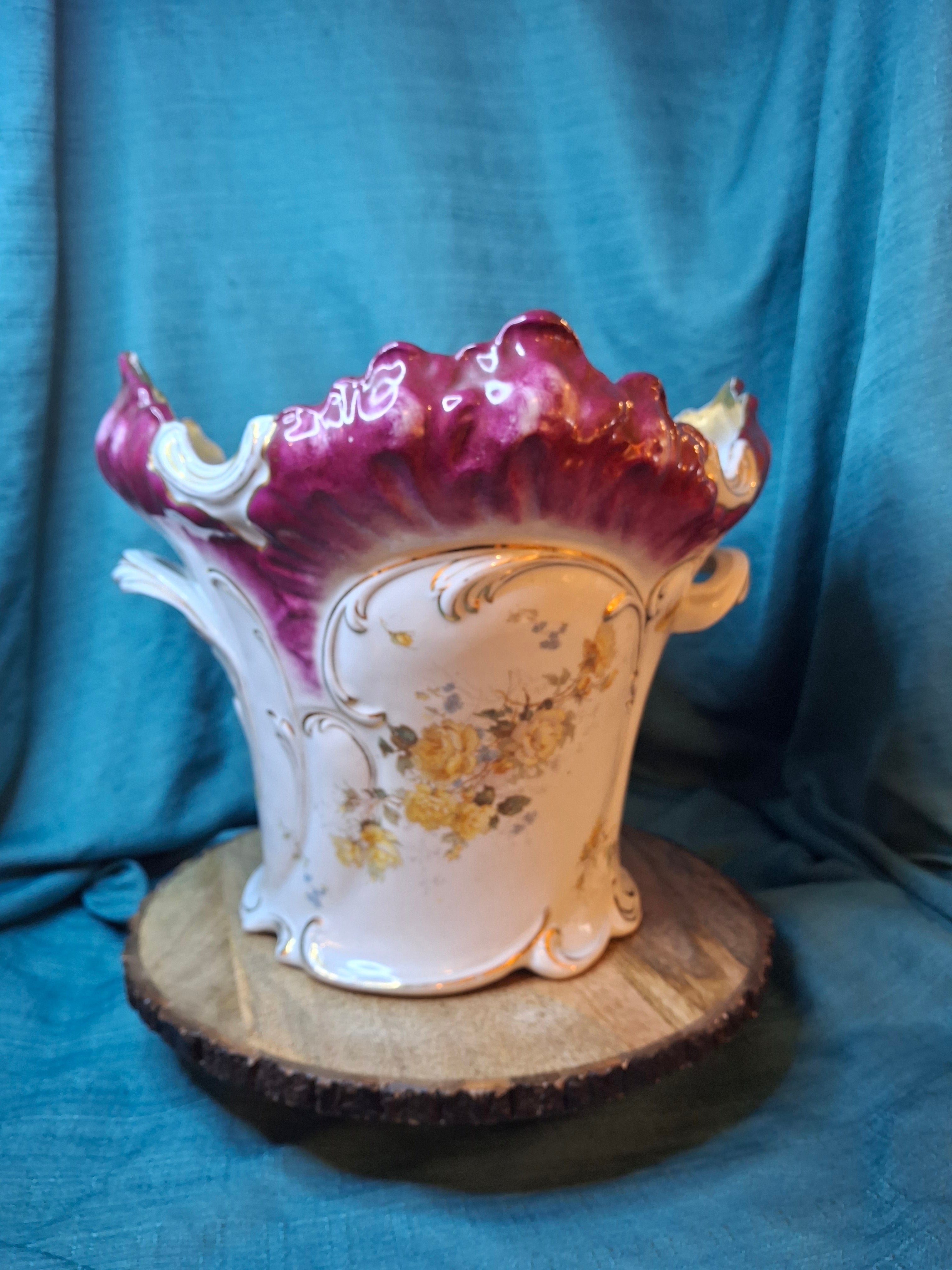 Antique Victorian Porcelain Jardinière Planter Centerpiece Yellow Roses Gold Gilt Plum 11"