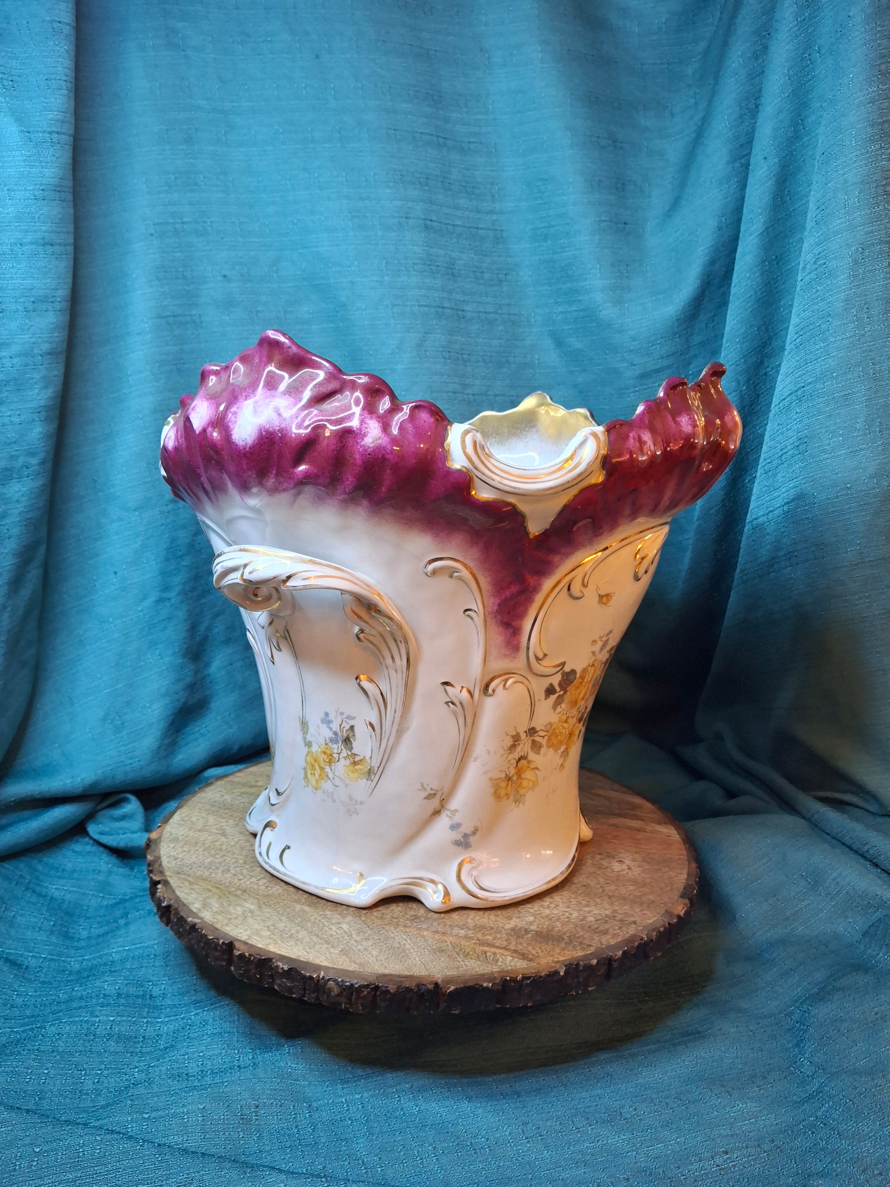 Antique Victorian Porcelain Jardinière Planter Centerpiece Yellow Roses Gold Gilt Plum 11"
