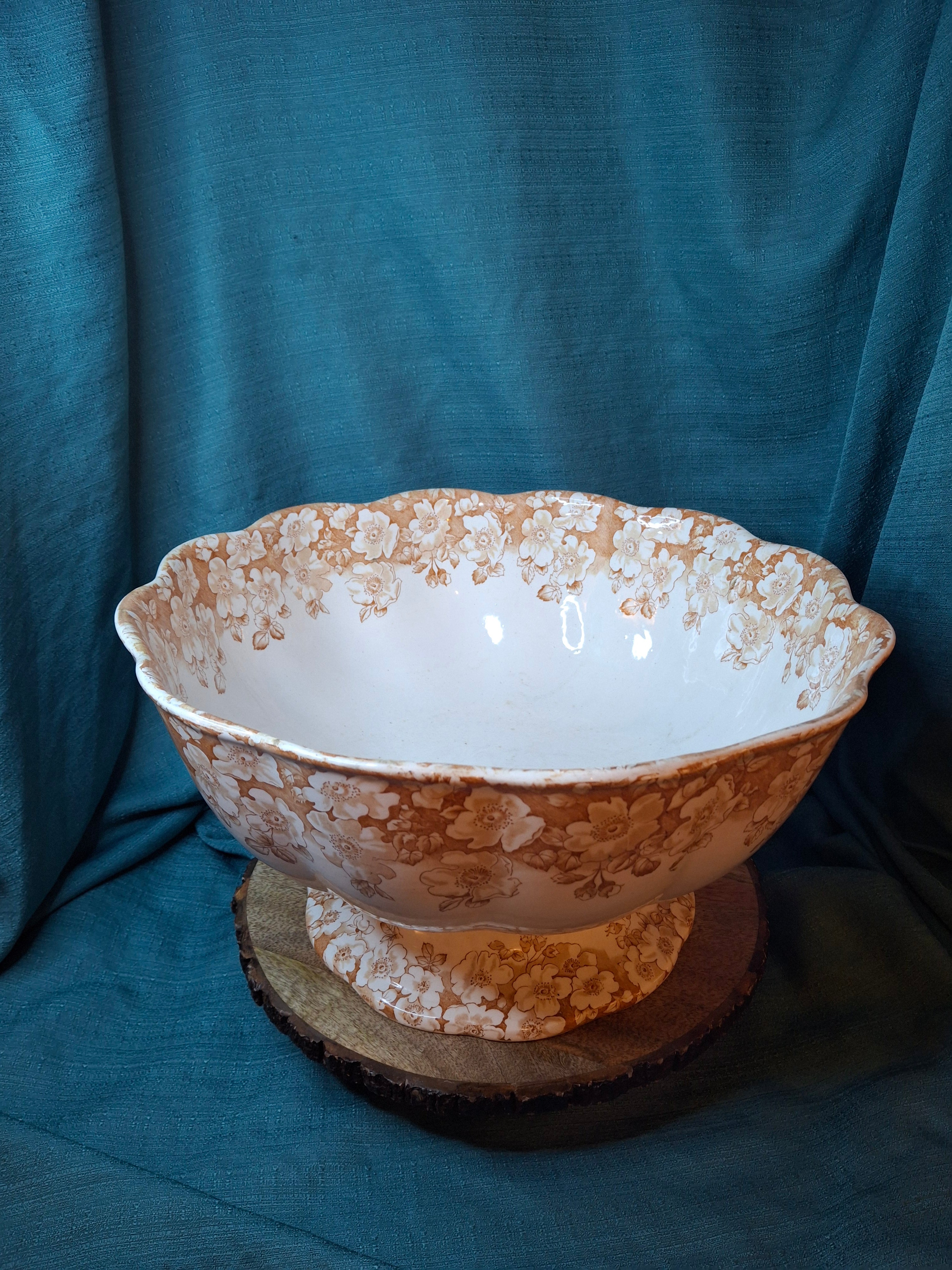 Antique Furnivals Rustic Punch Bowl 1893 Royal Semi Porcelain Brown Transferware 16"