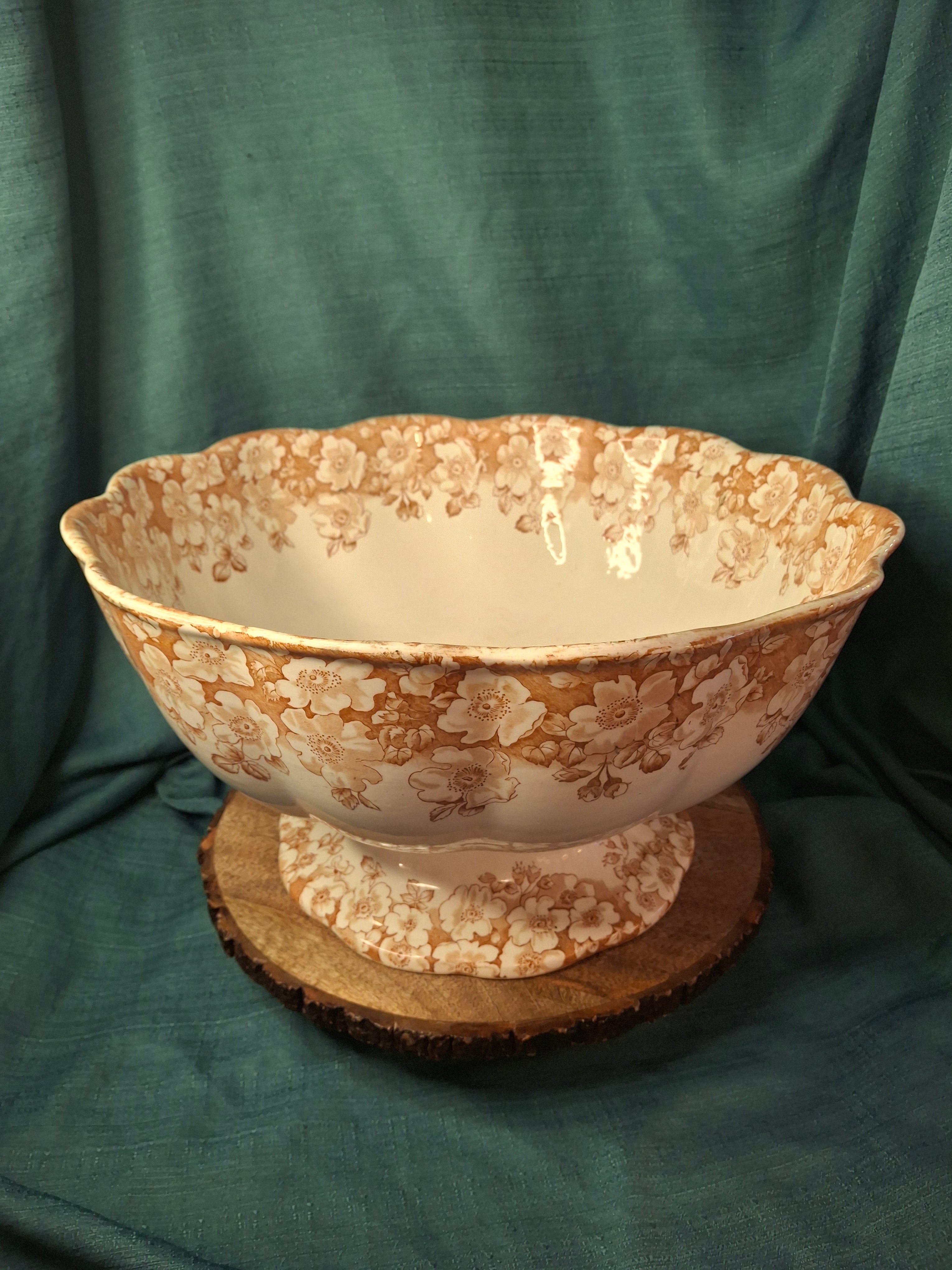 Antique Furnivals Rustic Punch Bowl 1893 Royal Semi Porcelain Brown Transferware 16"