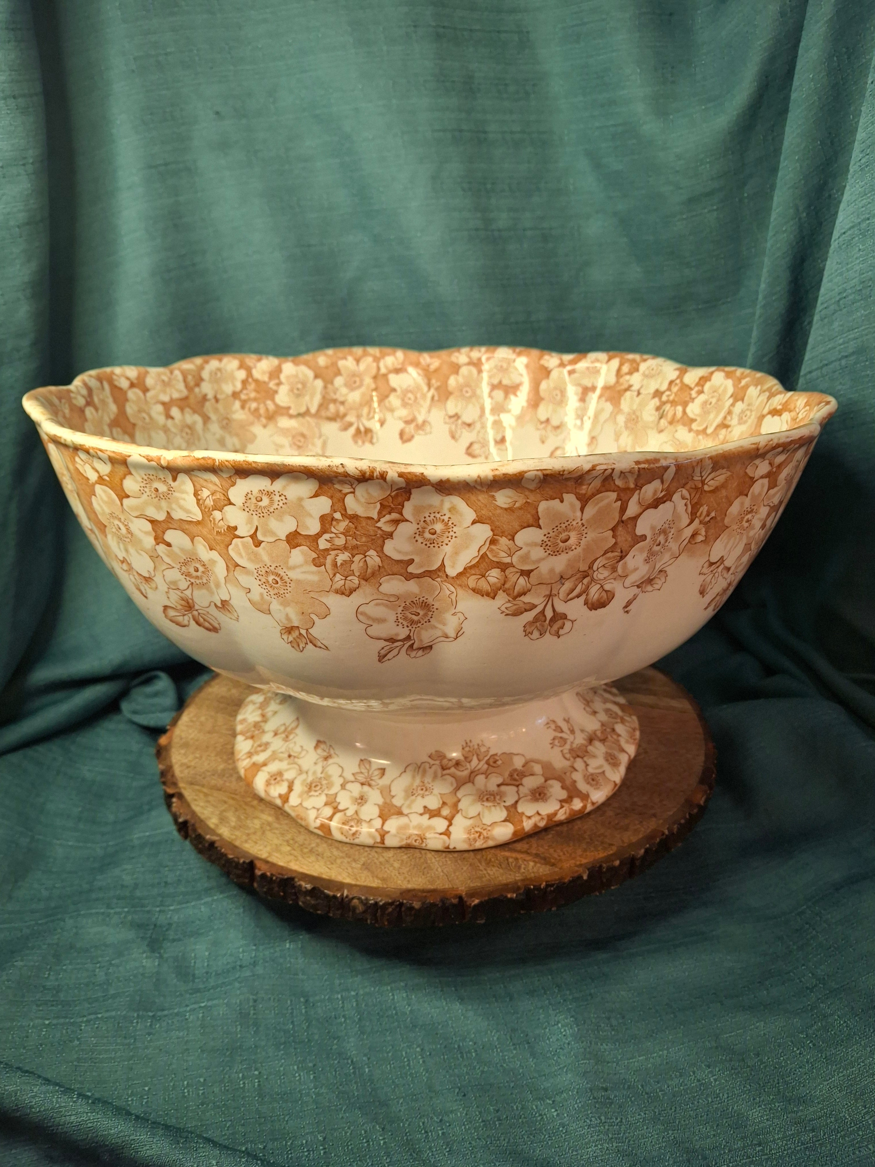 Antique Furnivals Rustic Punch Bowl 1893 Royal Semi Porcelain Brown Transferware 16"