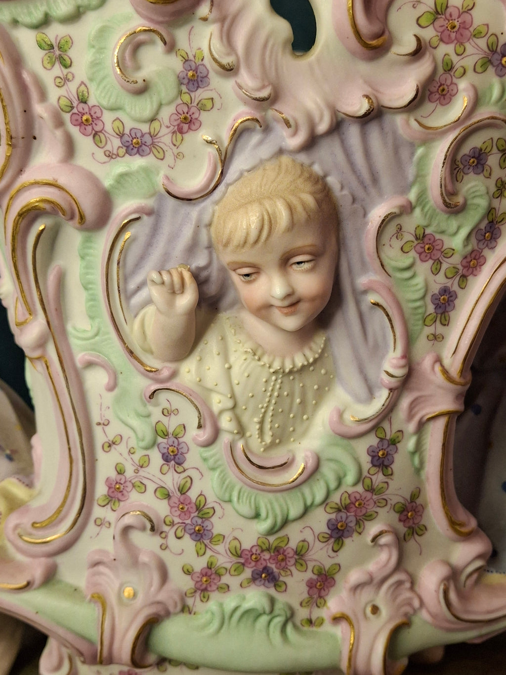 Antique Heubach Bisque Porcelain Centerpiece Cherub Figural Large Vase Mold 173