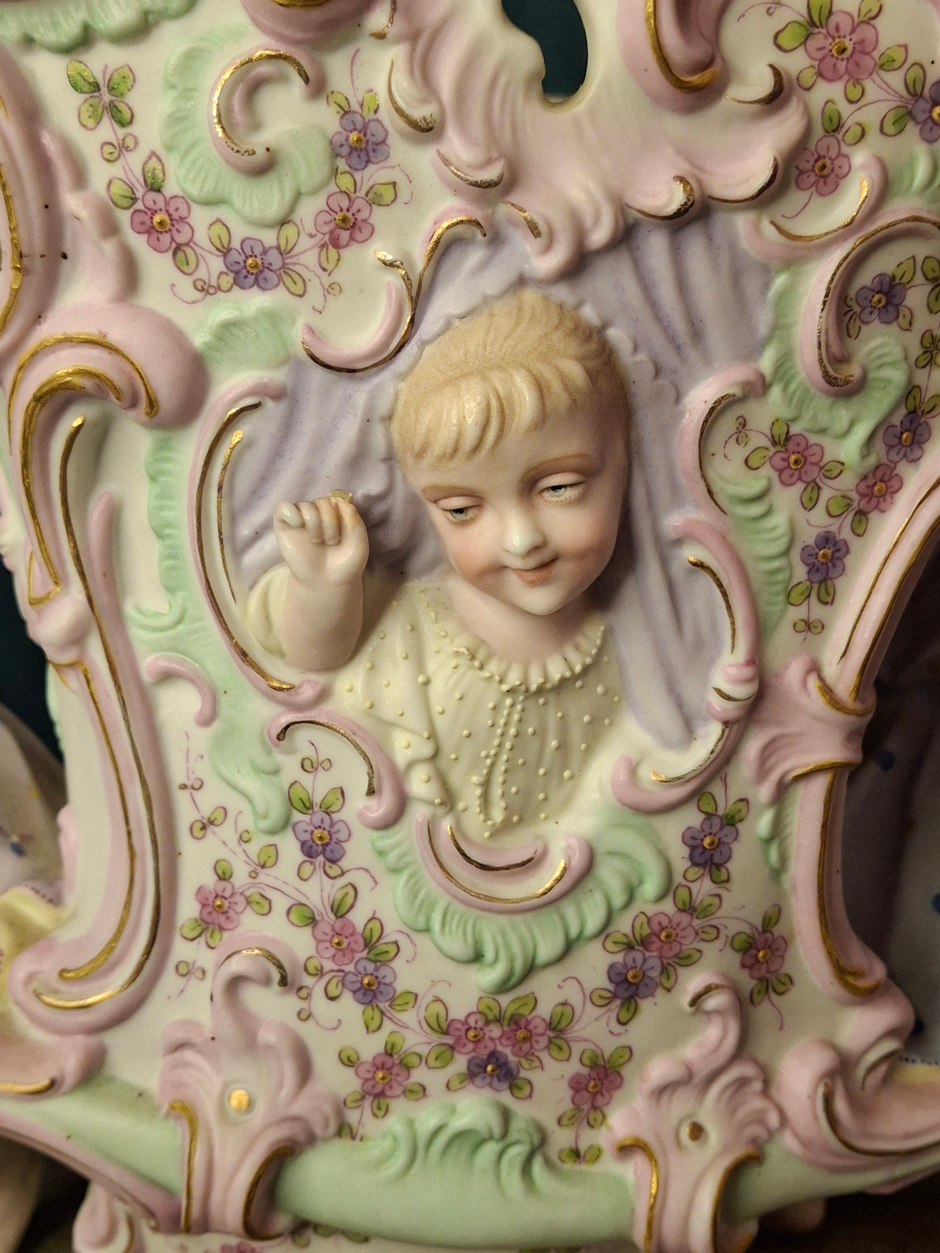 Antique Heubach Bisque Porcelain Centerpiece Cherub Figural Large Vase Mold 173