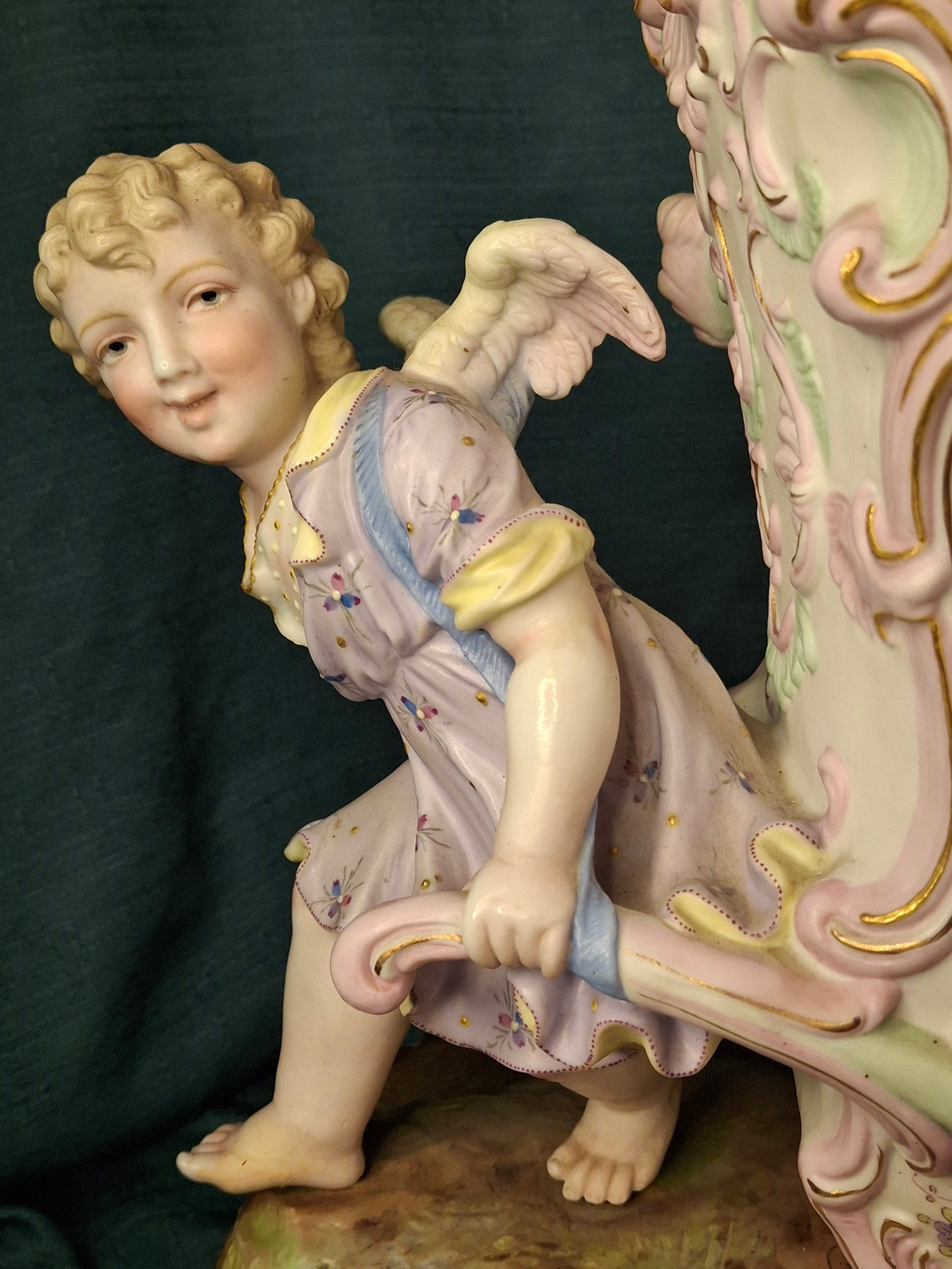 Antique Heubach Bisque Porcelain Centerpiece Cherub Figural Large Vase Mold 173