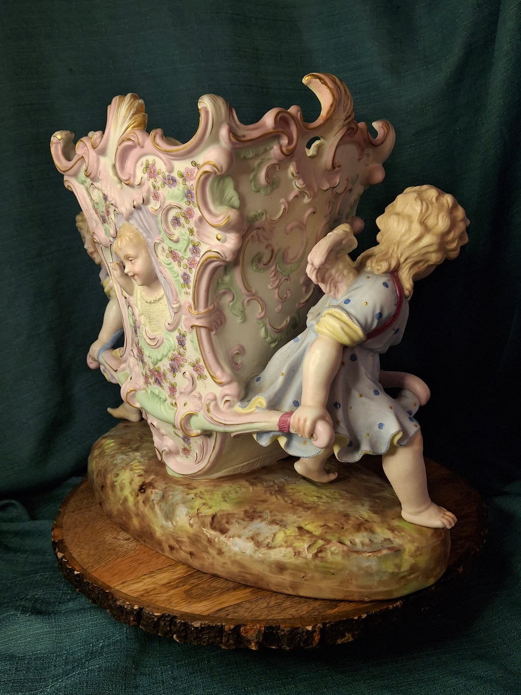 Antique Heubach Bisque Porcelain Centerpiece Cherub Figural Large Vase Mold 173