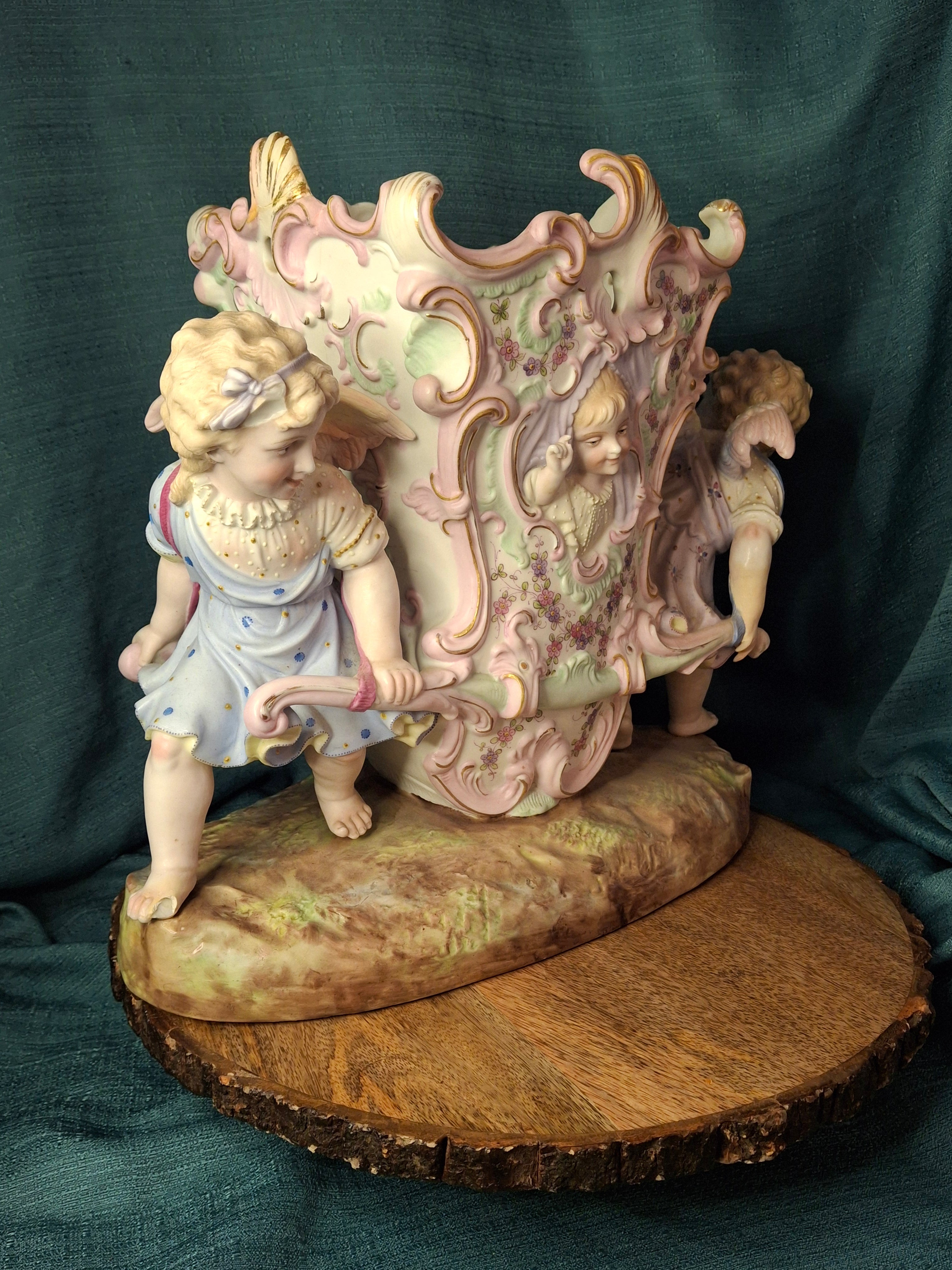 Antique Heubach Bisque Porcelain Centerpiece Cherub Figural Large Vase Mold 173