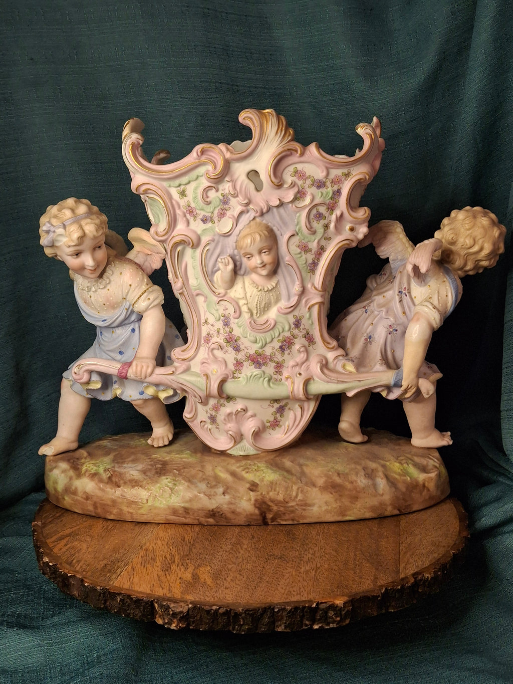 Antique Heubach Bisque Porcelain Centerpiece Cherub Figural Large Vase Mold 173