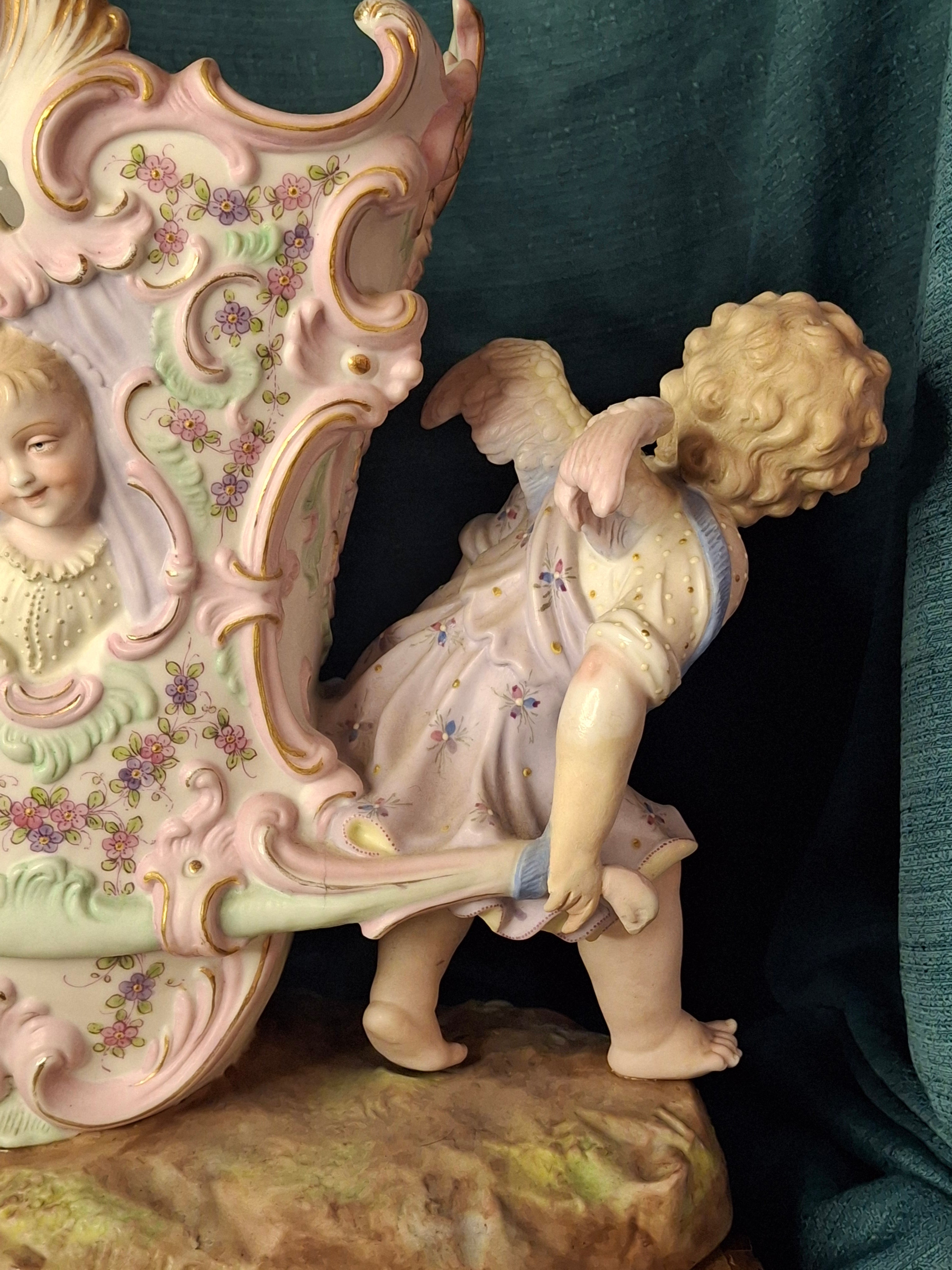 Antique Heubach Bisque Porcelain Centerpiece Cherub Figural Large Vase Mold 173