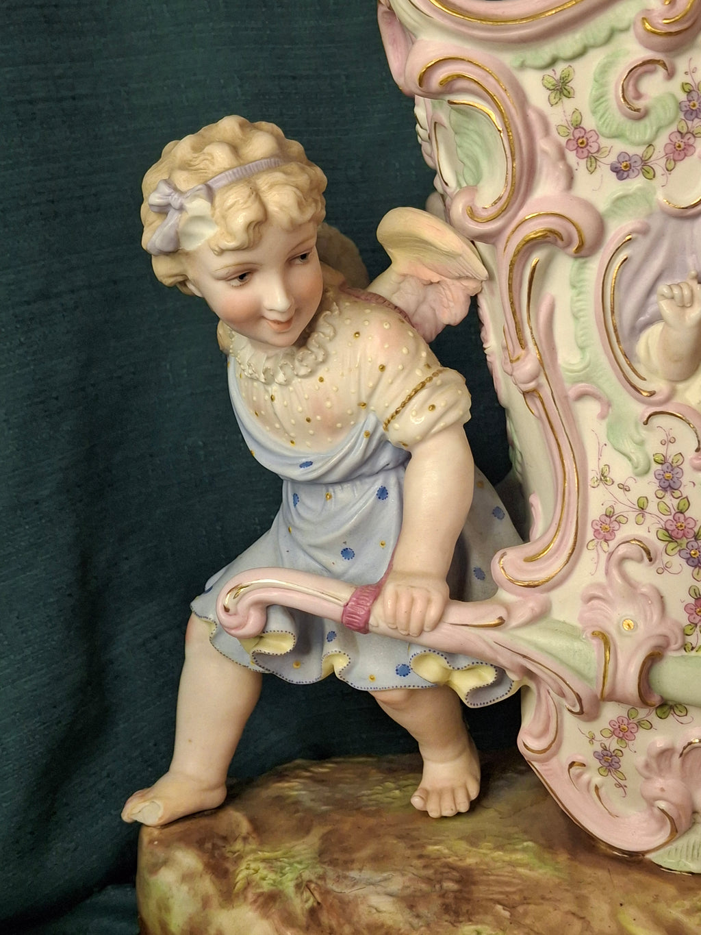 Antique Heubach Bisque Porcelain Centerpiece Cherub Figural Large Vase Mold 173
