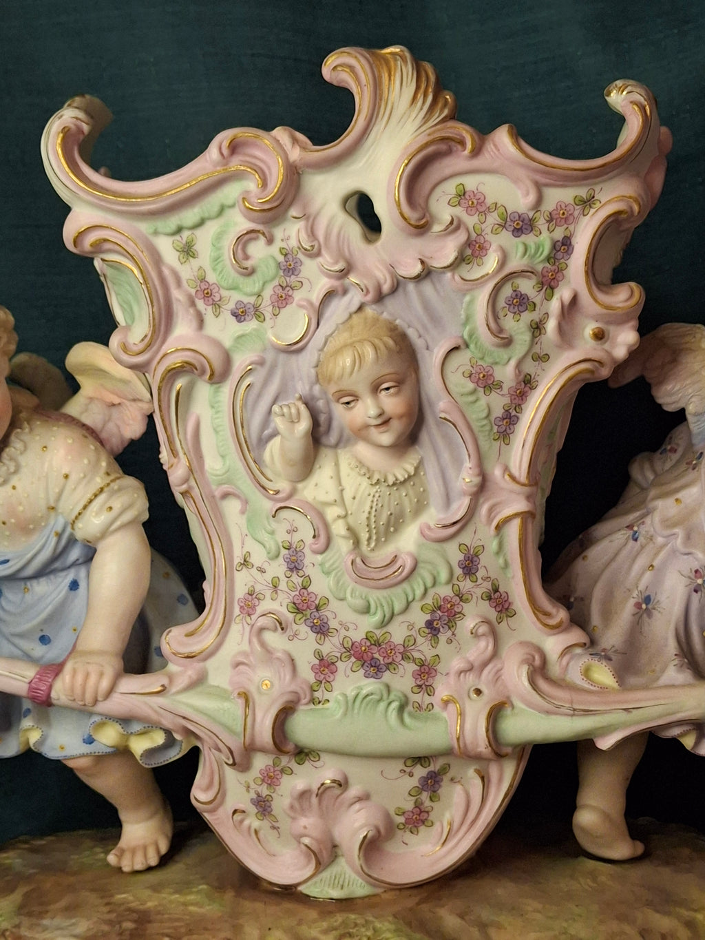 Antique Heubach Bisque Porcelain Centerpiece Cherub Figural Large Vase Mold 173