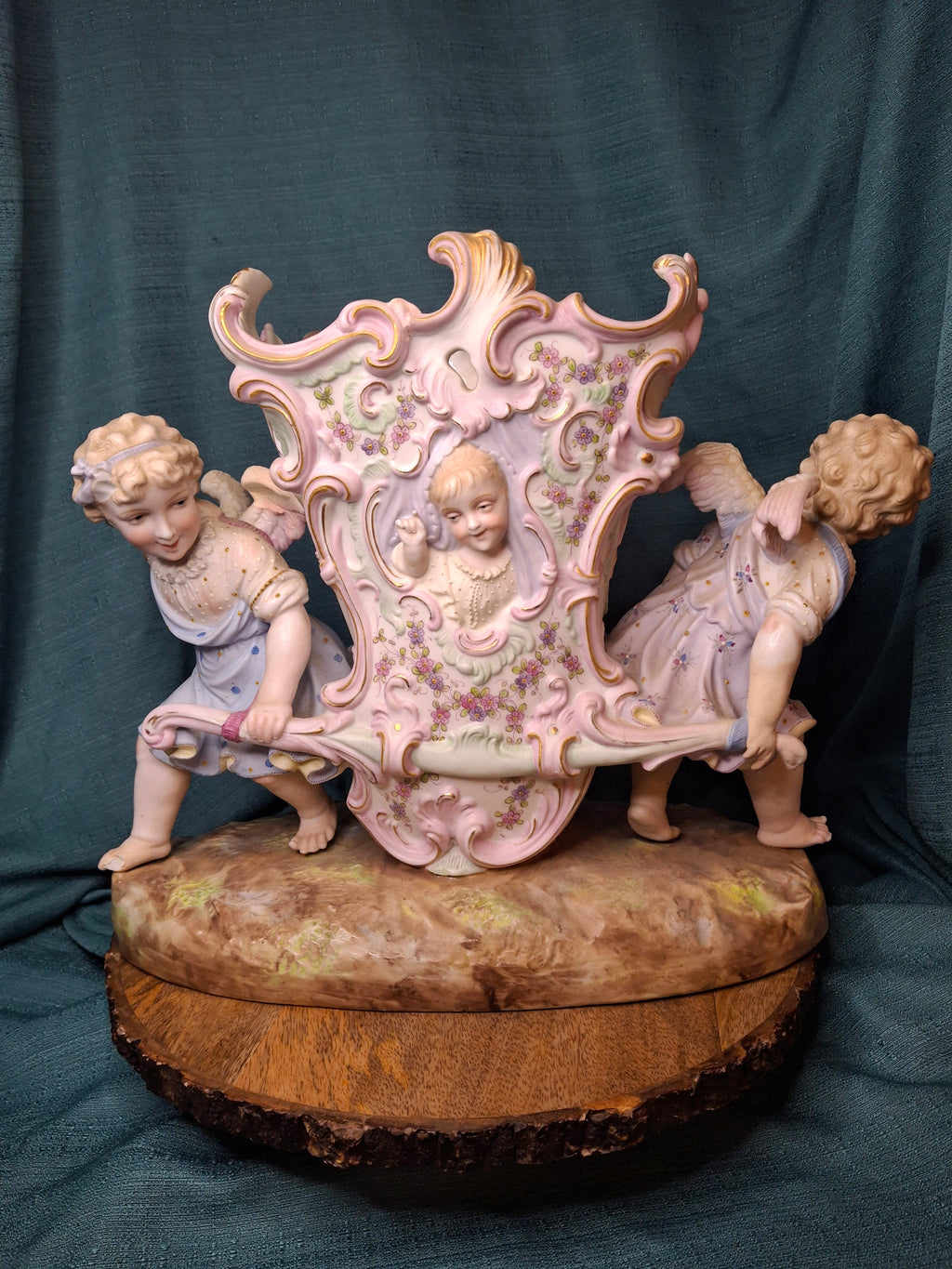 Antique Heubach Bisque Porcelain Centerpiece Cherub Figural Large Vase Mold 173