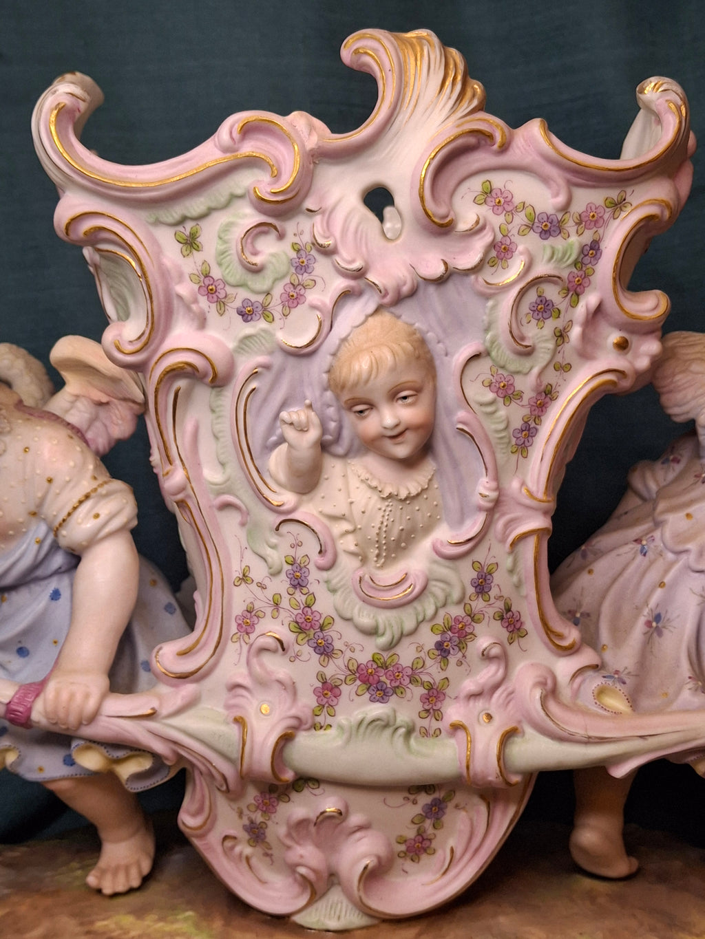 Antique Heubach Bisque Porcelain Centerpiece Cherub Figural Large Vase Mold 173