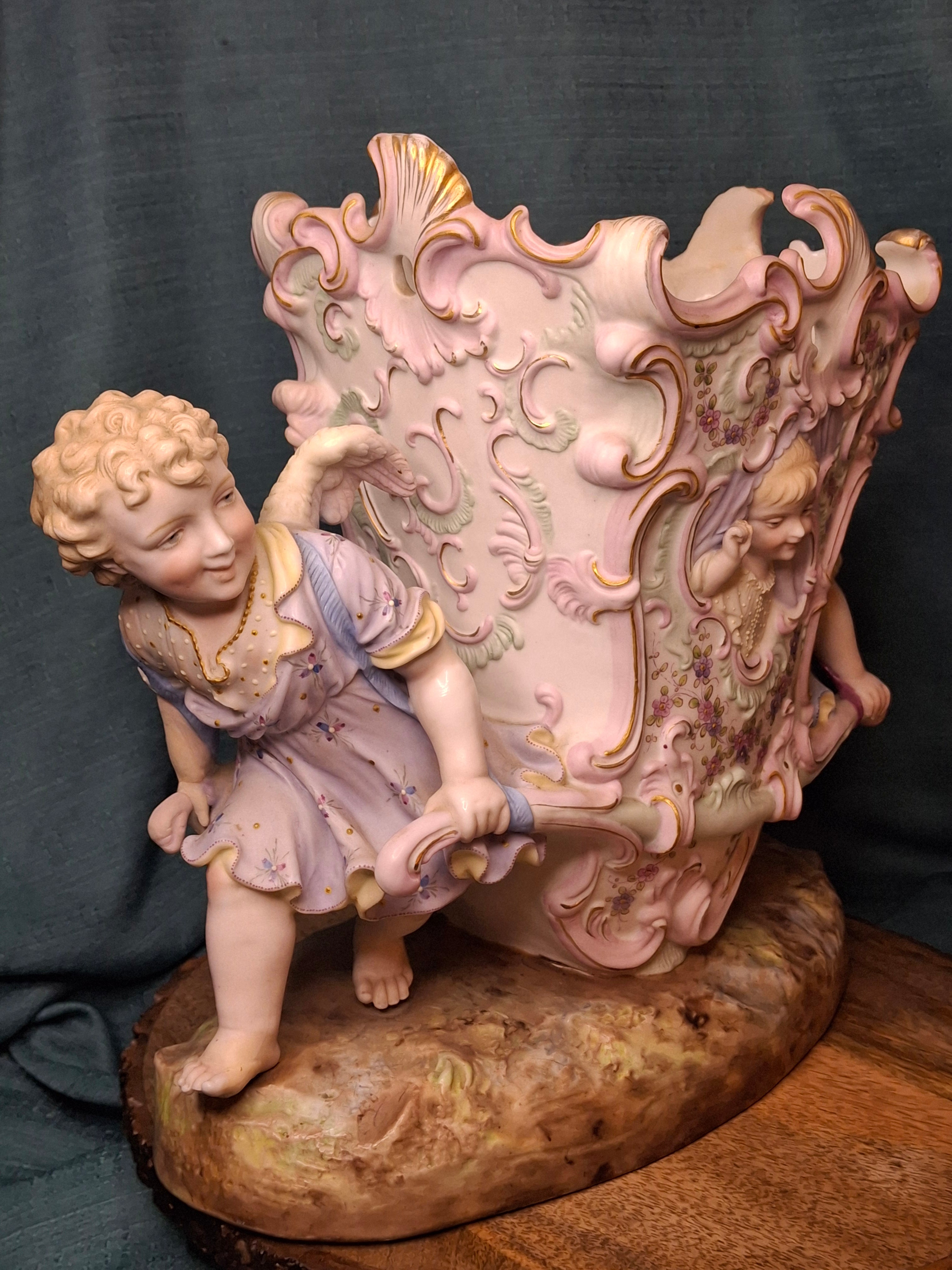 Antique Heubach Bisque Porcelain Centerpiece Cherub Figural Large Vase Mold 173