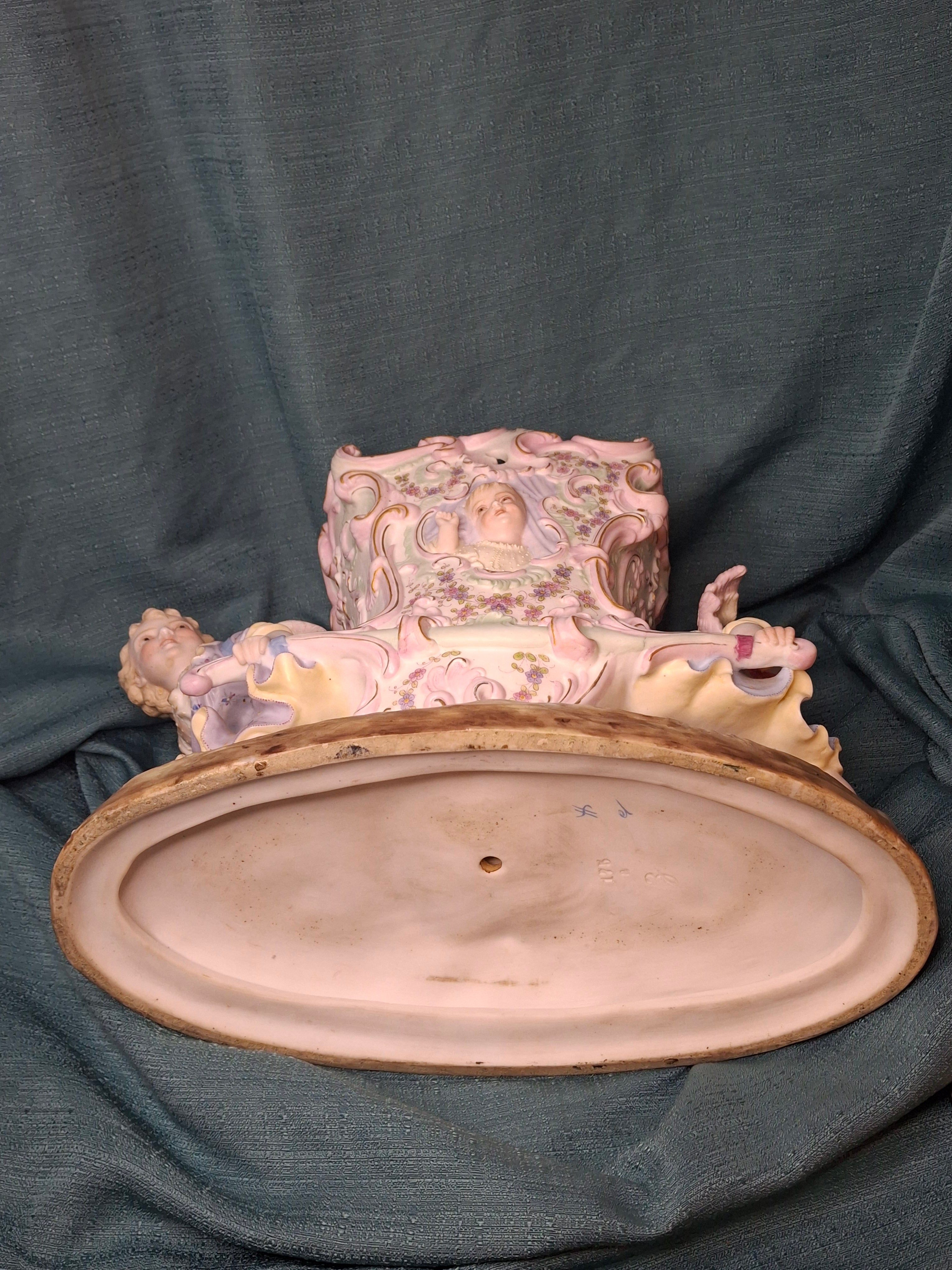 Antique Heubach Bisque Porcelain Centerpiece Cherub Figural Large Vase Mold 173