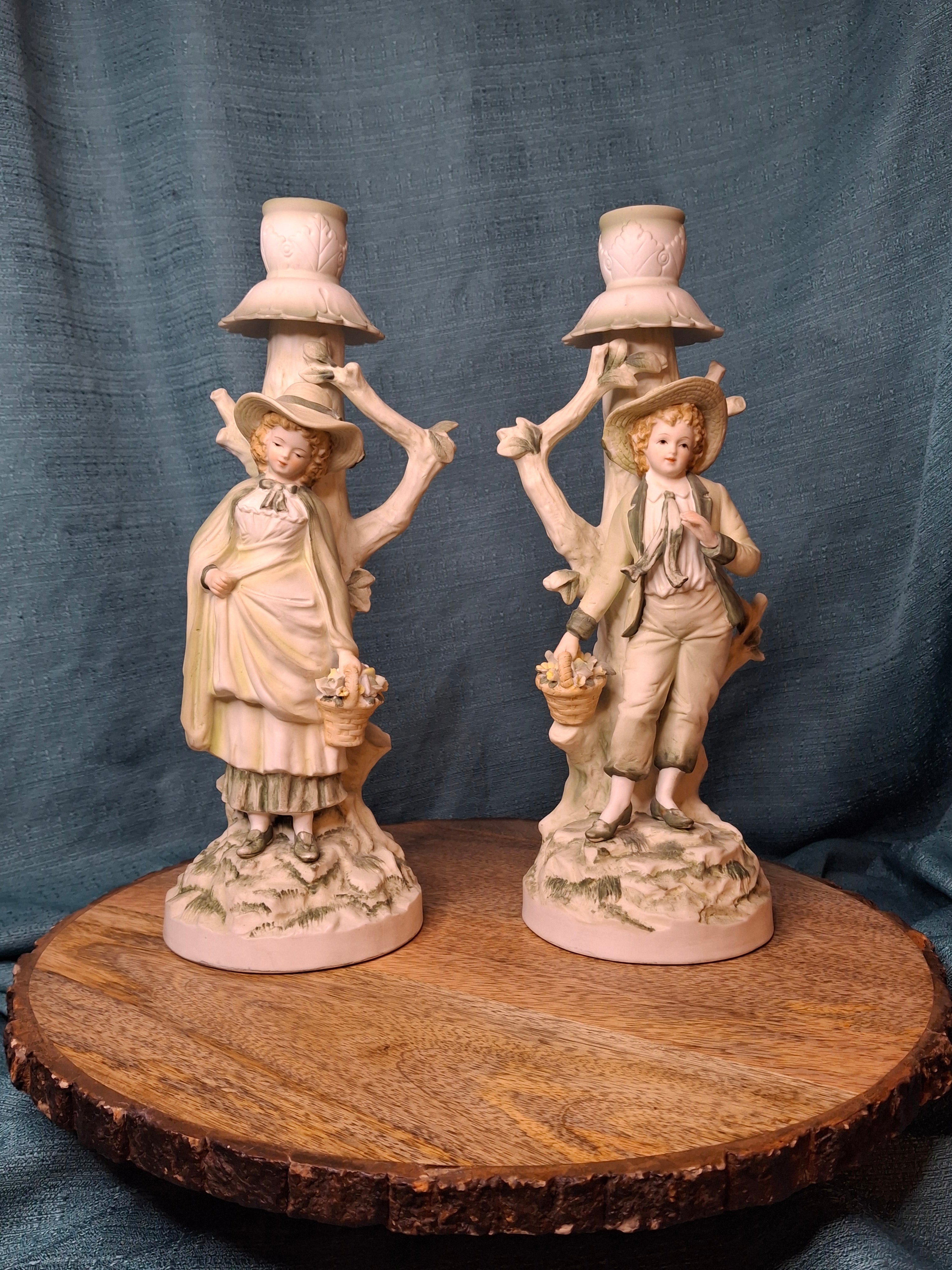 Antique German Bisque Figural Candlesticks Pair Boy & Girl Pastels Mold 7925 11"