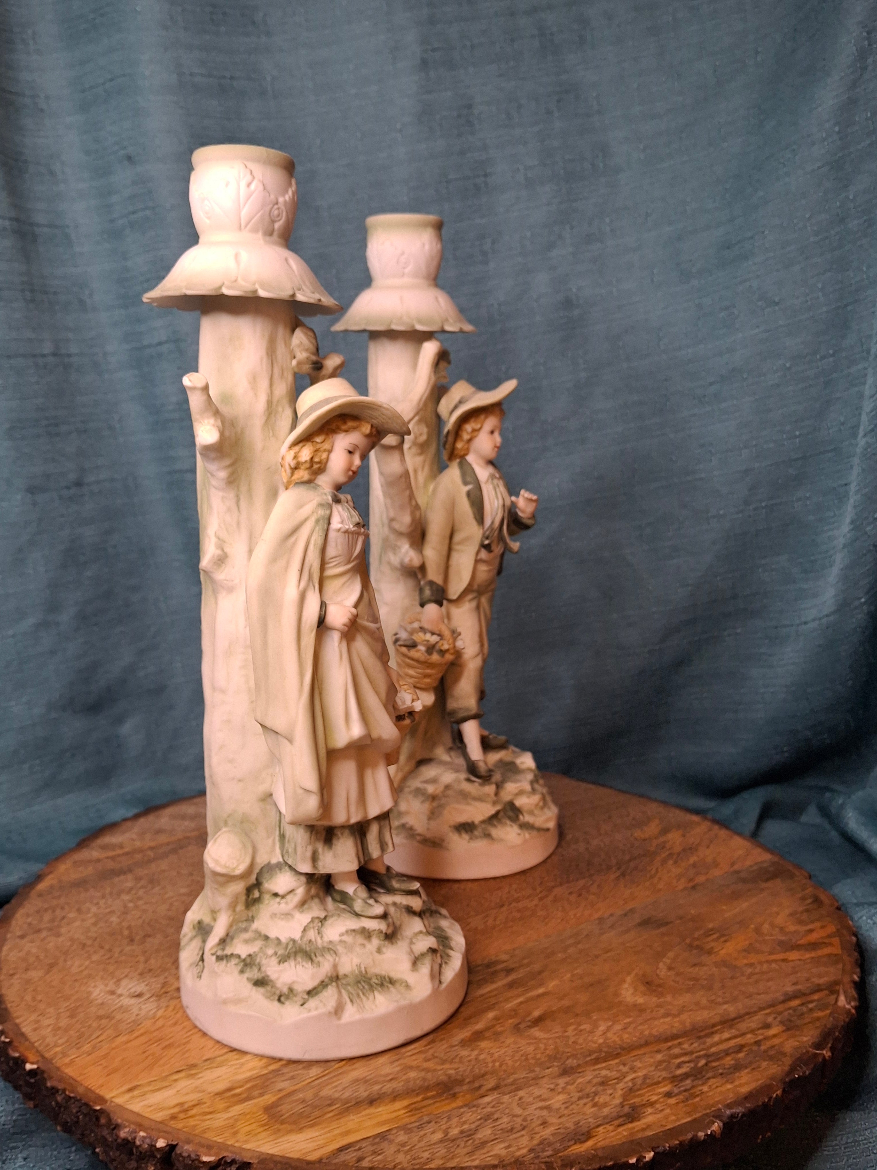 Antique German Bisque Figural Candlesticks Pair Boy & Girl Pastels Mold 7925 11"
