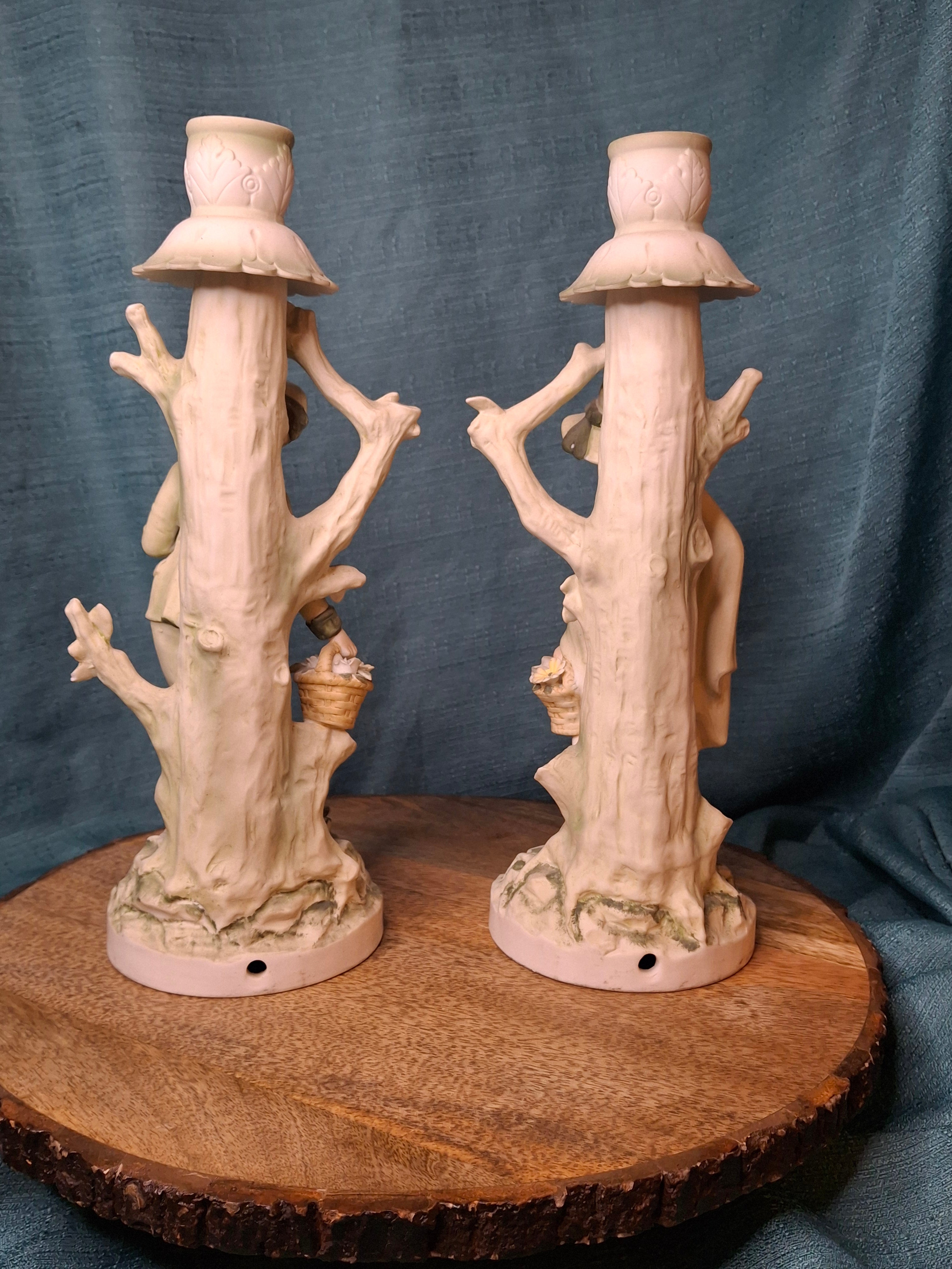 Antique German Bisque Figural Candlesticks Pair Boy & Girl Pastels Mold 7925 11"