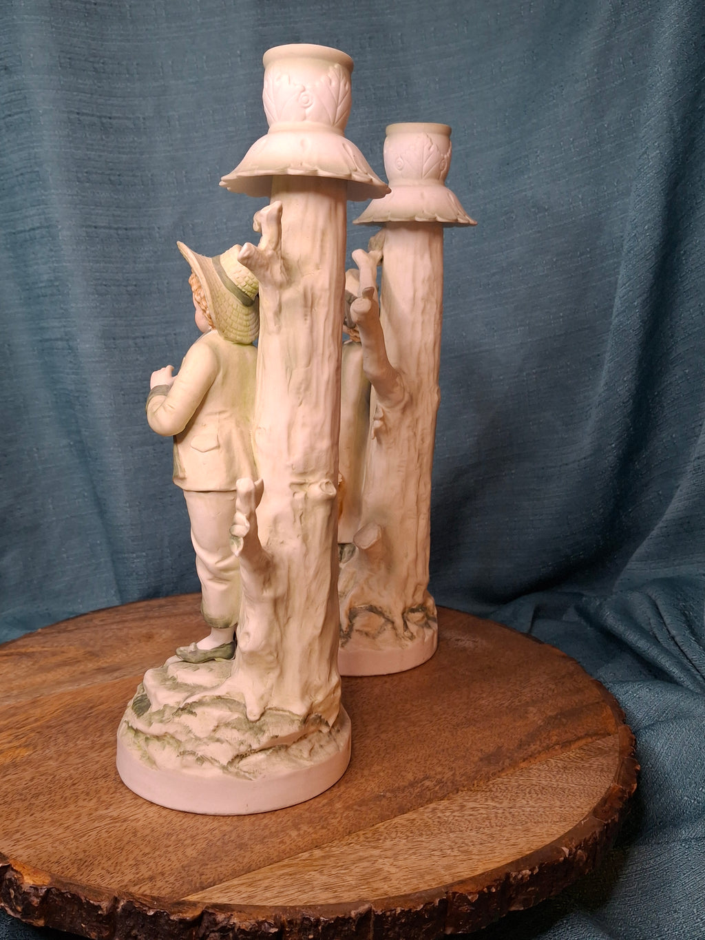 Antique German Bisque Figural Candlesticks Pair Boy & Girl Pastels Mold 7925 11"