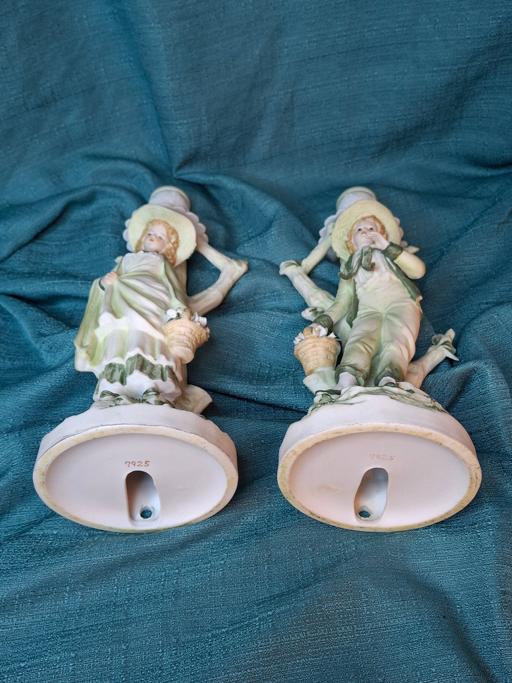 Antique German Bisque Figural Candlesticks Pair Boy & Girl Pastels Mold 7925 11"