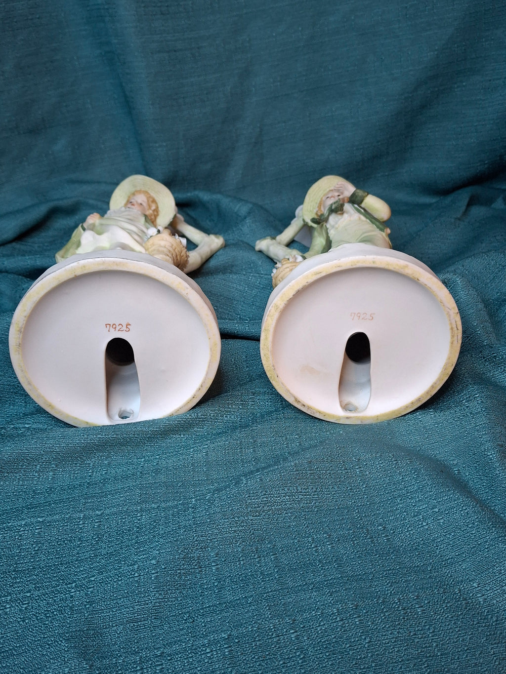 Antique German Bisque Figural Candlesticks Pair Boy & Girl Pastels Mold 7925 11"