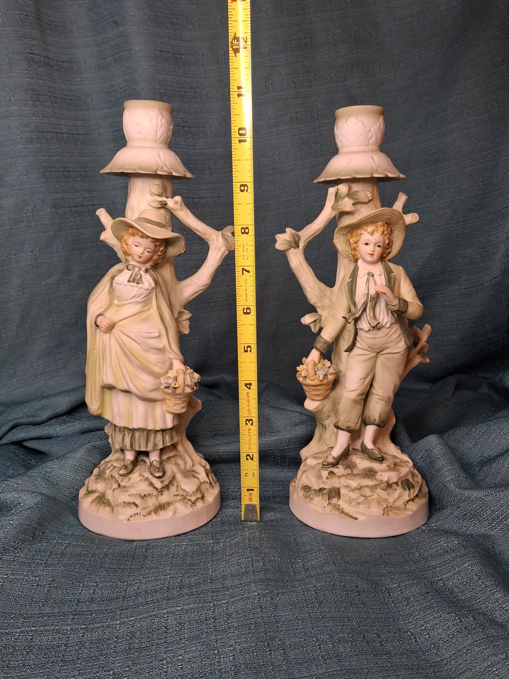 Antique German Bisque Figural Candlesticks Pair Boy & Girl Pastels Mold 7925 11"