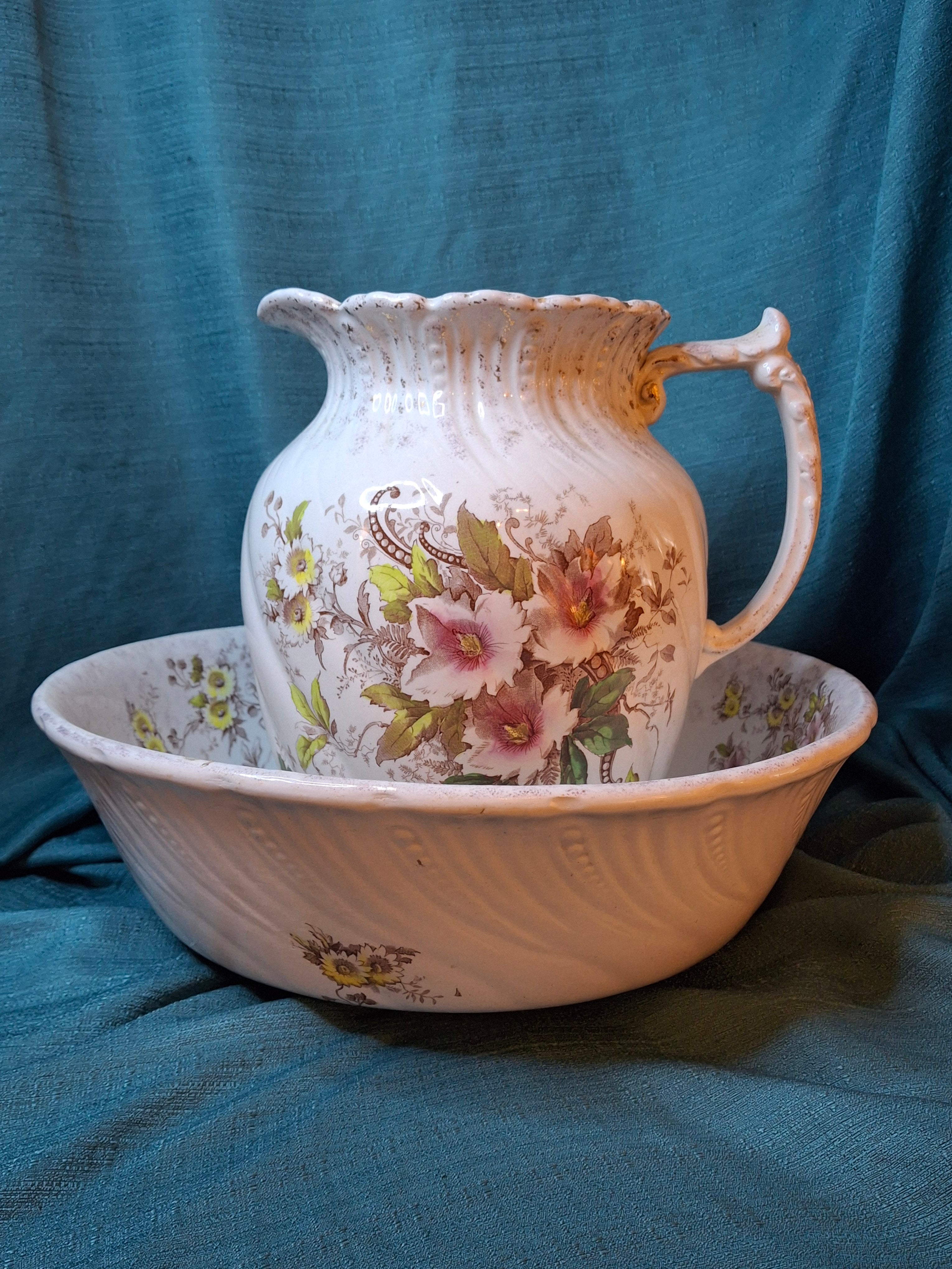 Antique T.R. Boote English Ironstone Wash Basin & Pitcher Set, Defender Pattern