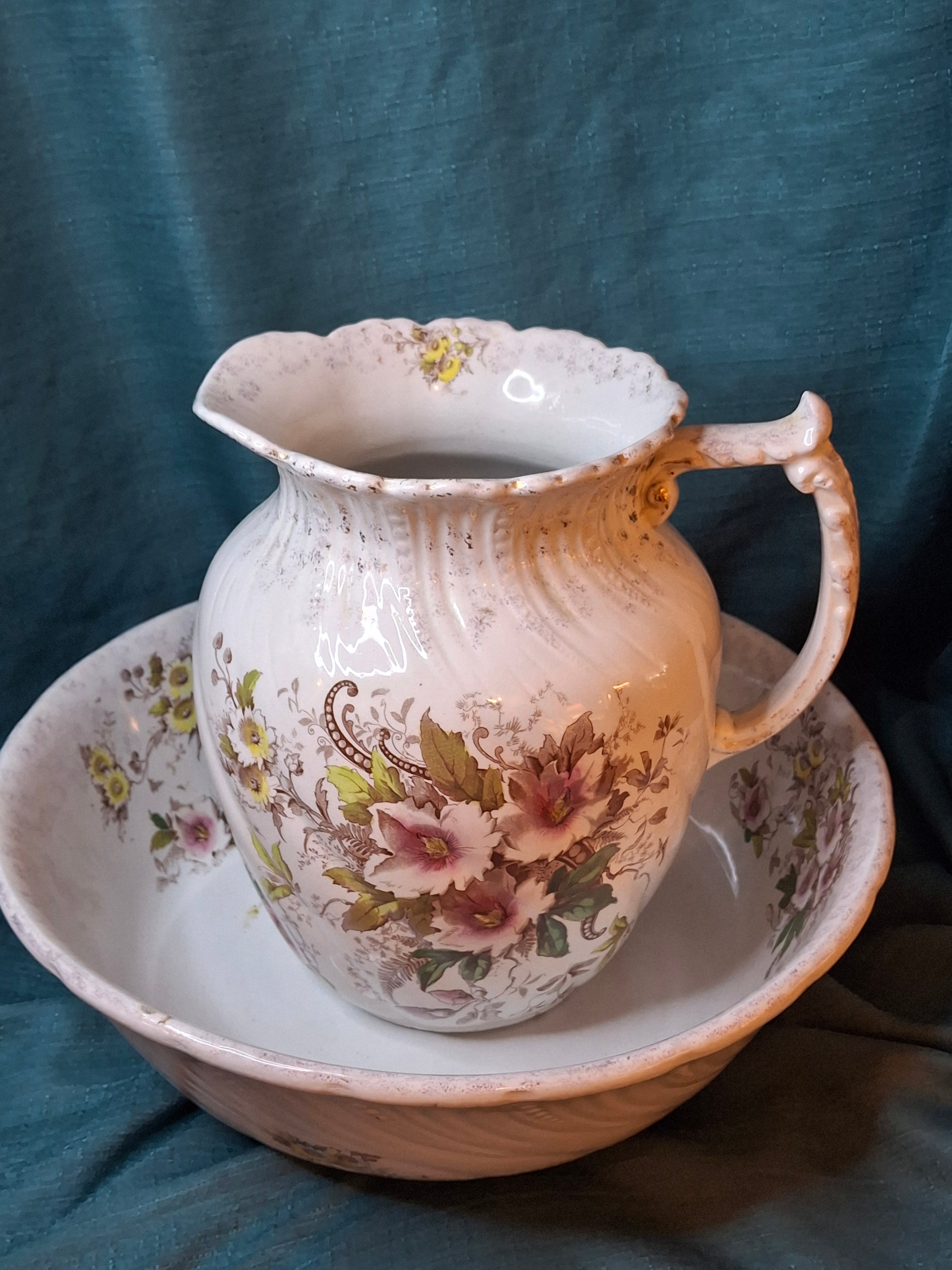 Antique T.R. Boote English Ironstone Wash Basin & Pitcher Set, Defender Pattern
