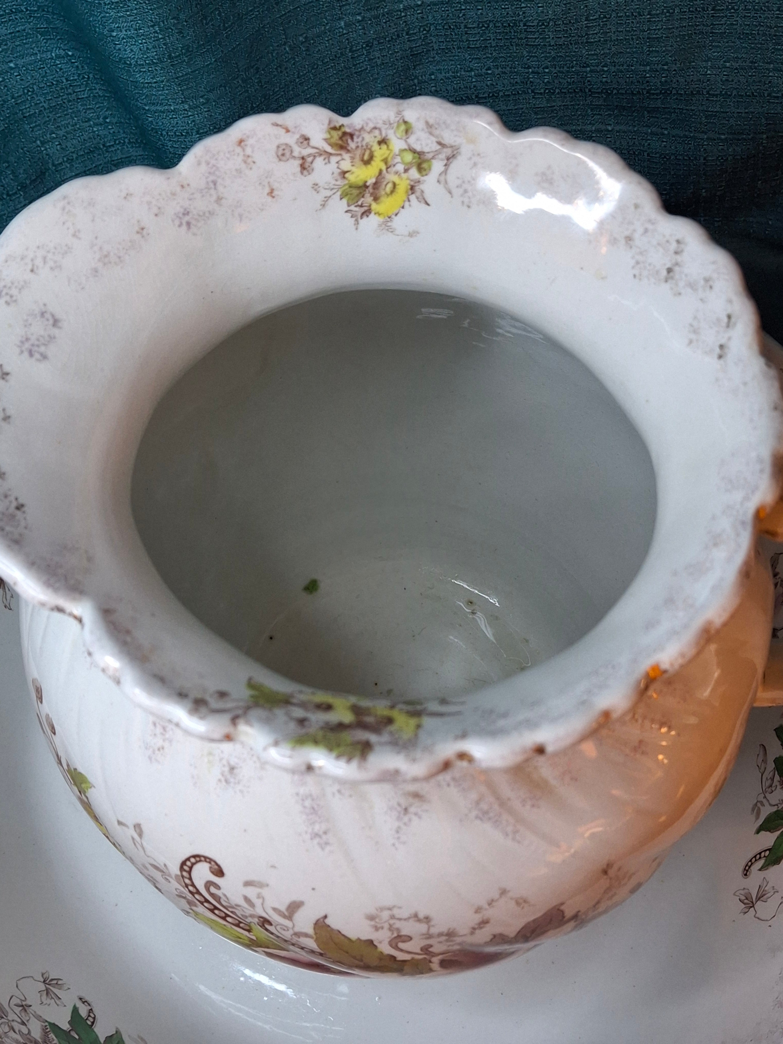 Antique T.R. Boote English Ironstone Wash Basin & Pitcher Set, Defender Pattern