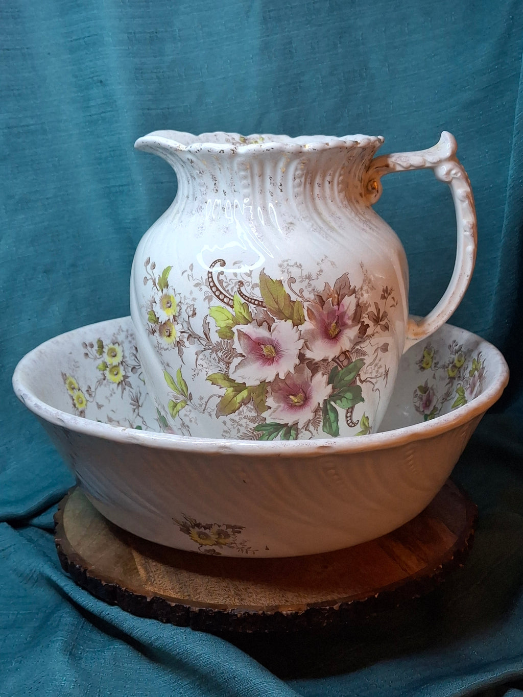 Antique T.R. Boote English Ironstone Wash Basin & Pitcher Set, Defender Pattern