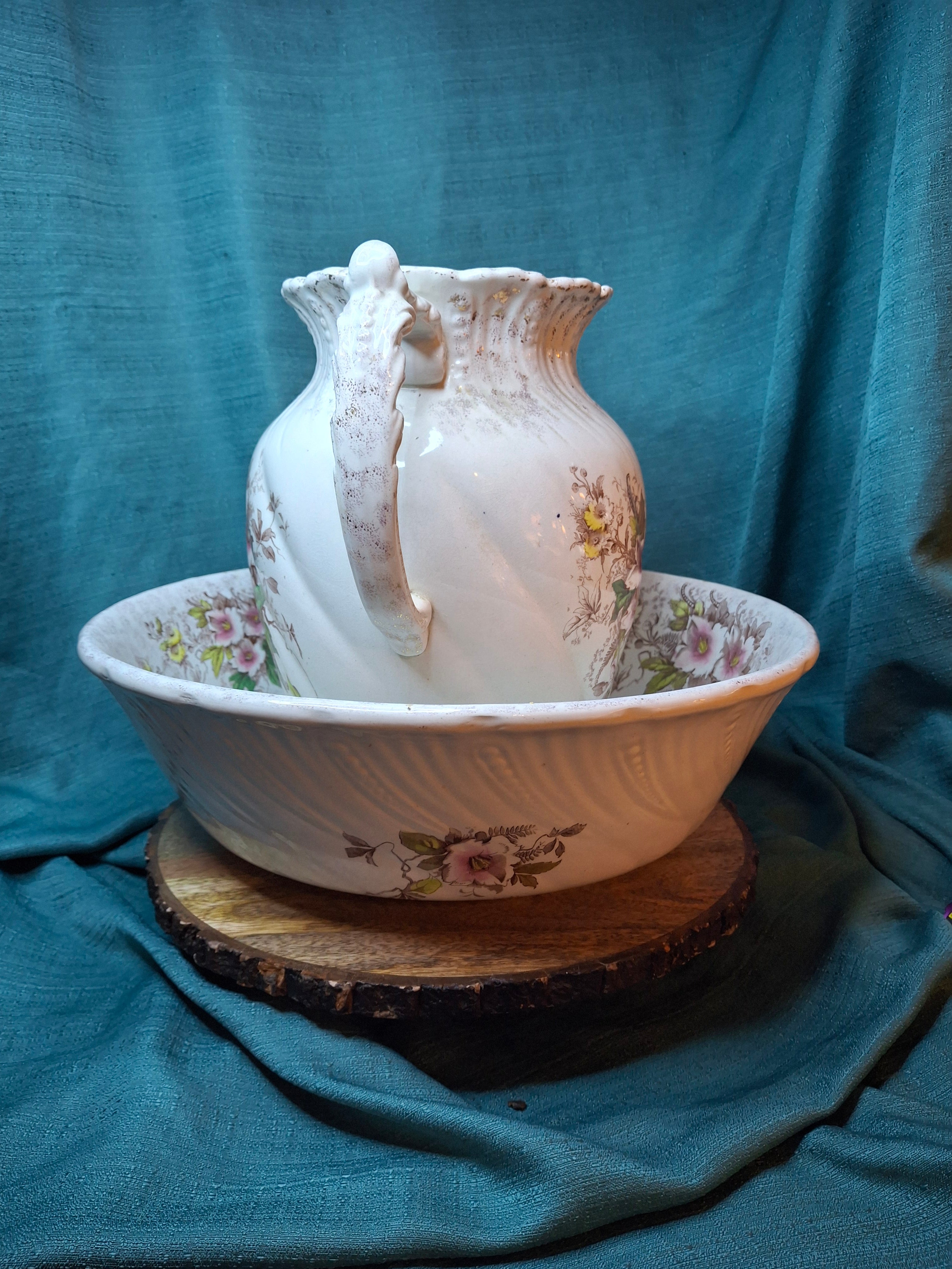 Antique T.R. Boote English Ironstone Wash Basin & Pitcher Set, Defender Pattern
