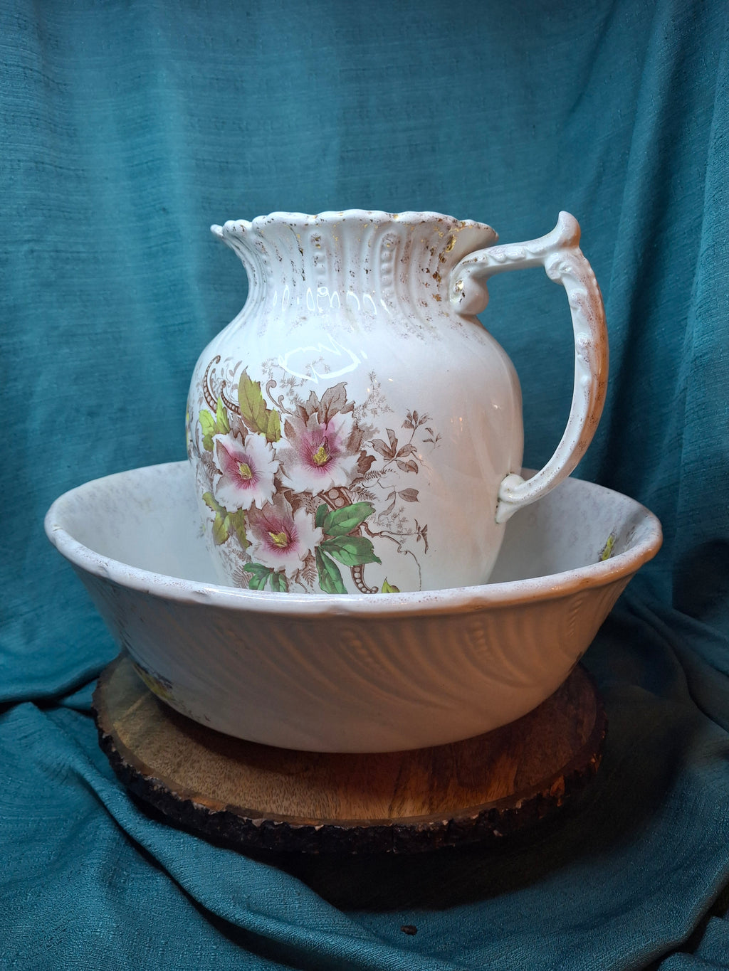 Antique T.R. Boote English Ironstone Wash Basin & Pitcher Set, Defender Pattern