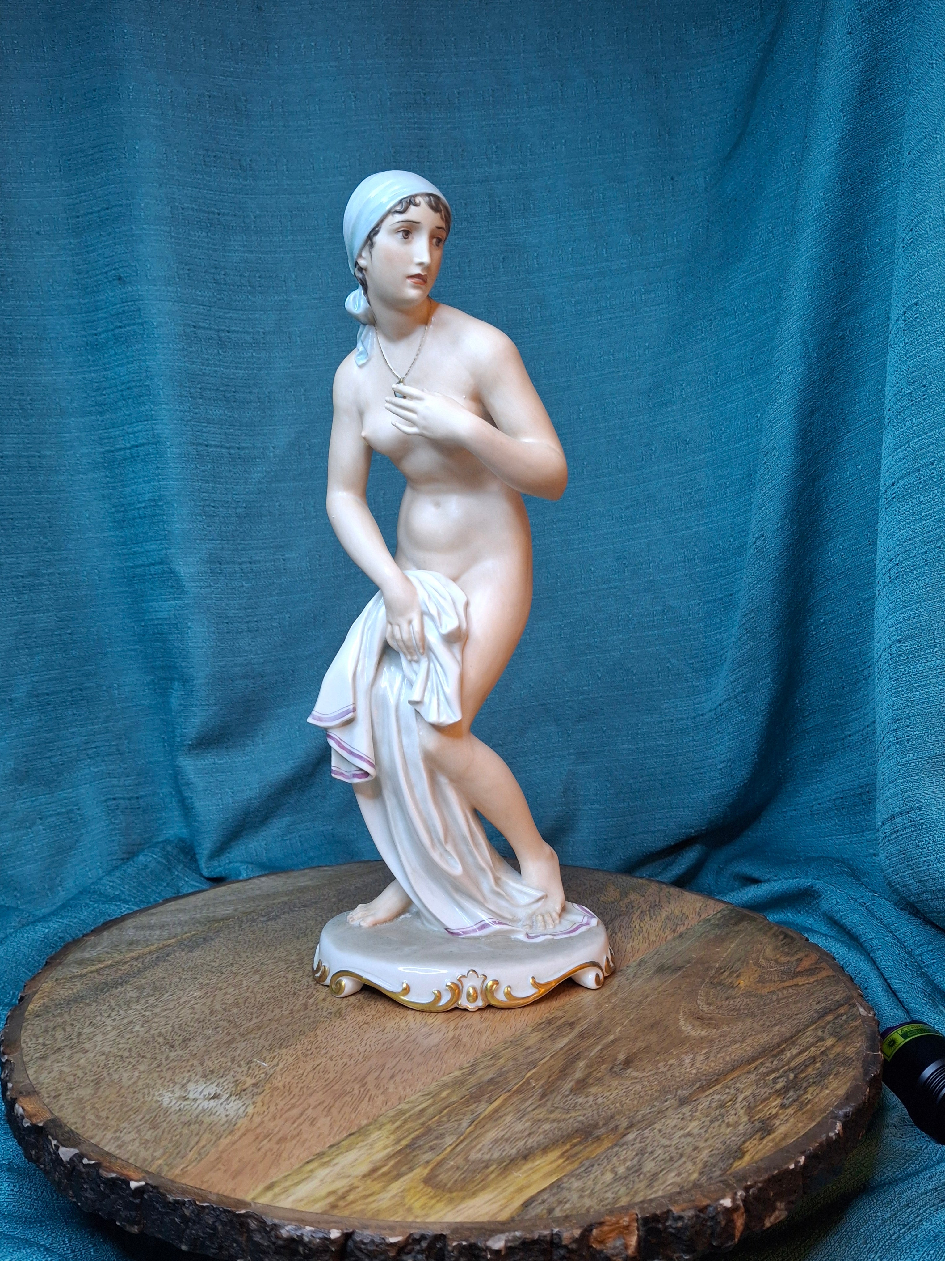 Vintage Eschenbach Germany US-Zone Porcelain Nude Figurine Bather by R. Förster, 12" Post-WWII Militaria Allied Occupation