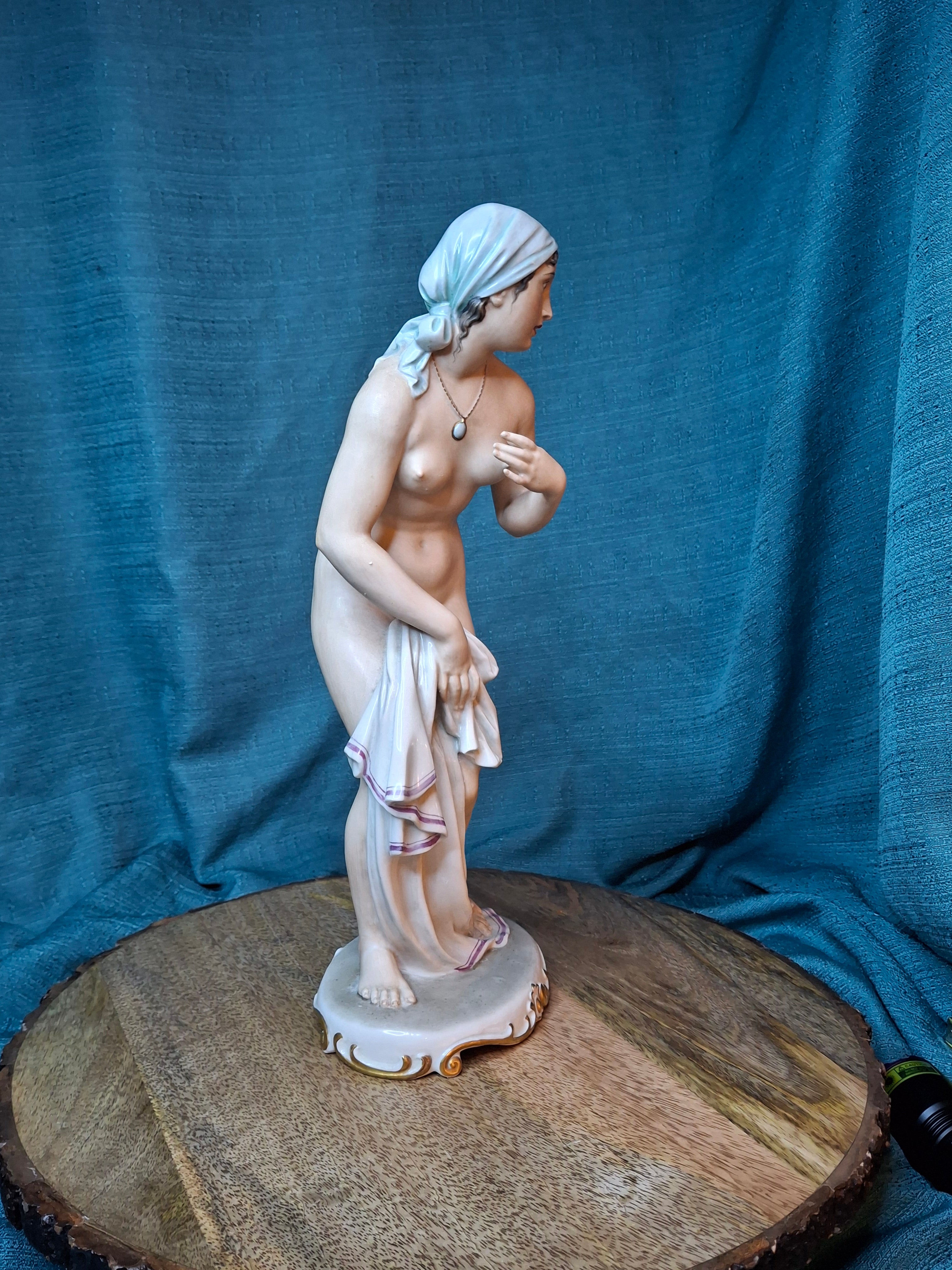 Vintage Eschenbach Germany US-Zone Porcelain Nude Figurine Bather by R. Förster, 12" Post-WWII Militaria Allied Occupation