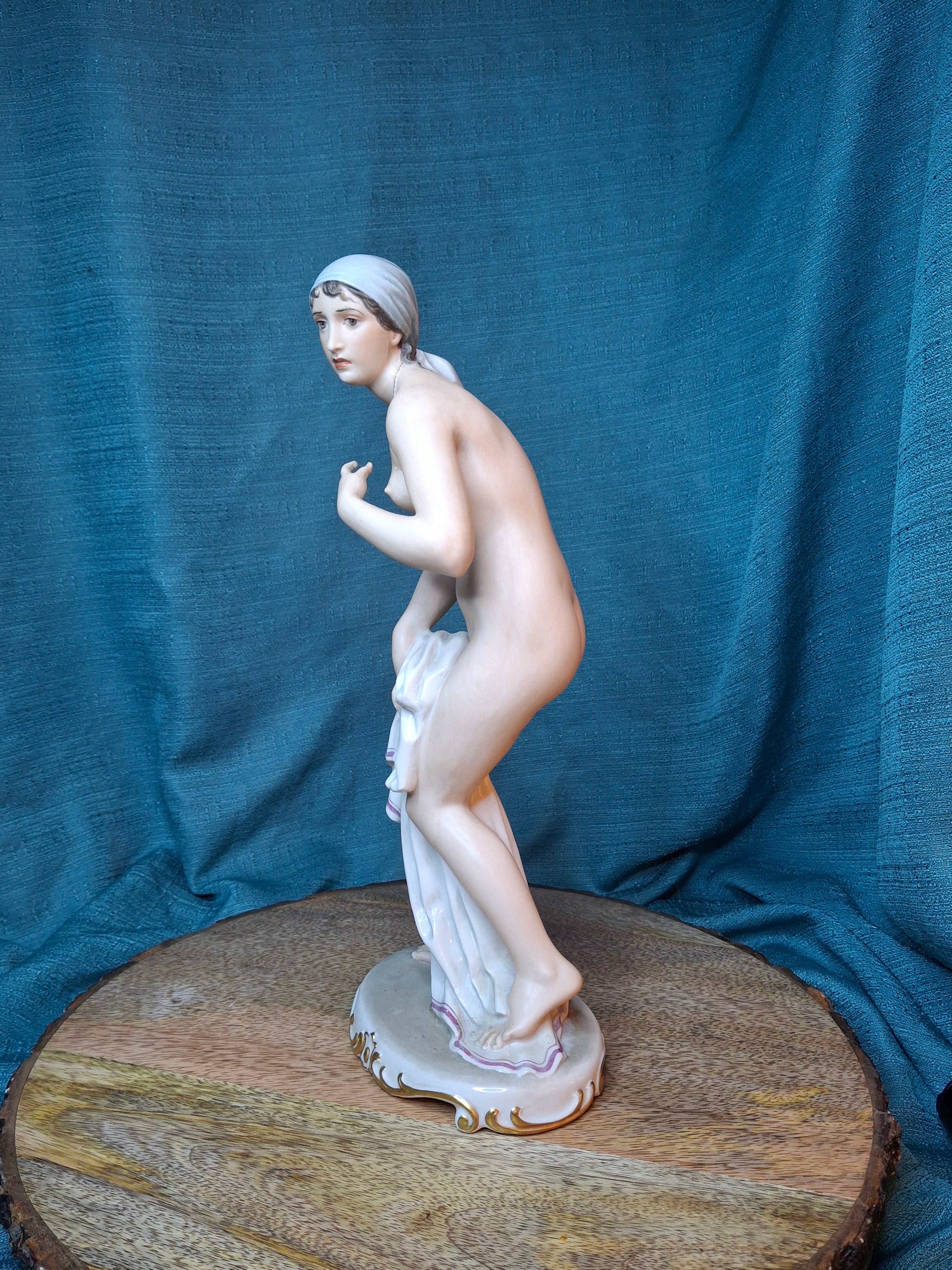 Vintage Eschenbach Germany US-Zone Porcelain Nude Figurine Bather by R. Förster, 12" Post-WWII Militaria Allied Occupation