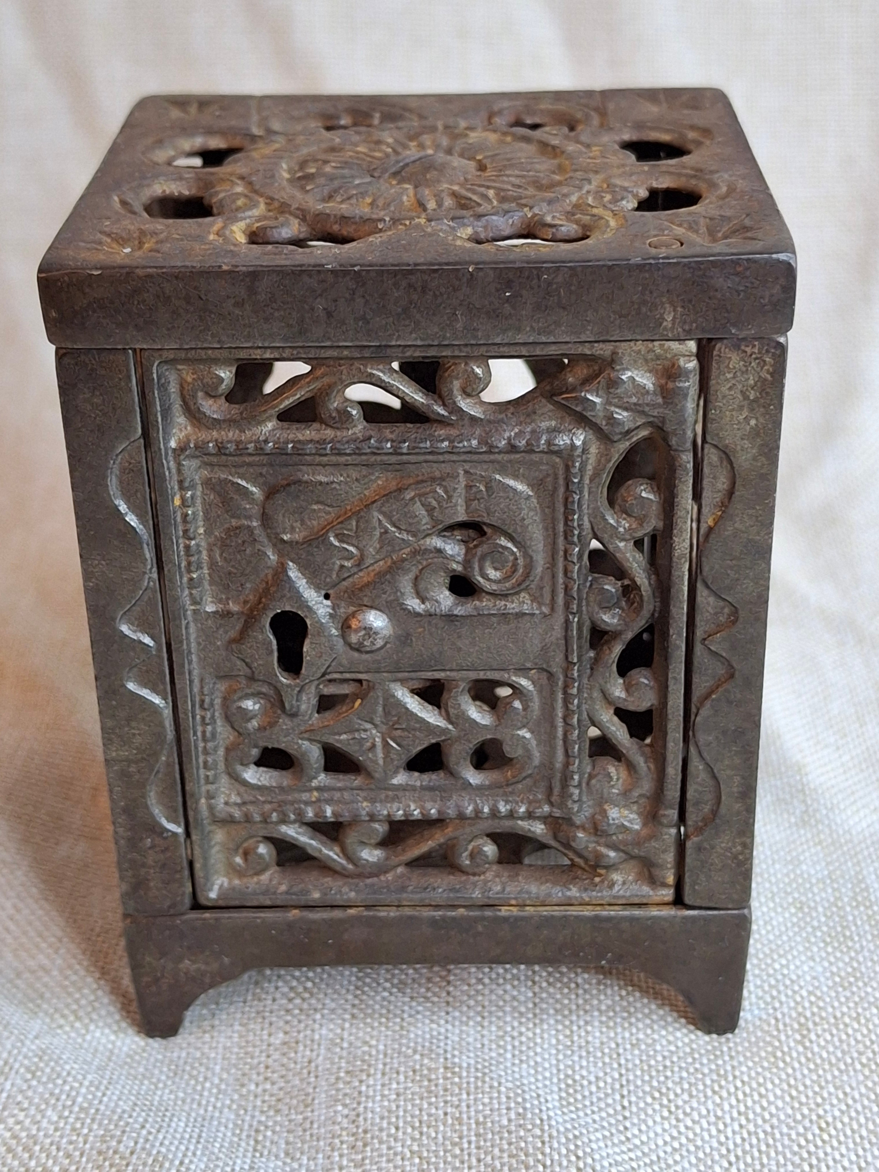 Antique J. & E. Stevens Cast Iron Safe Bank Pat June 2 1896 Ornate Still Bank
