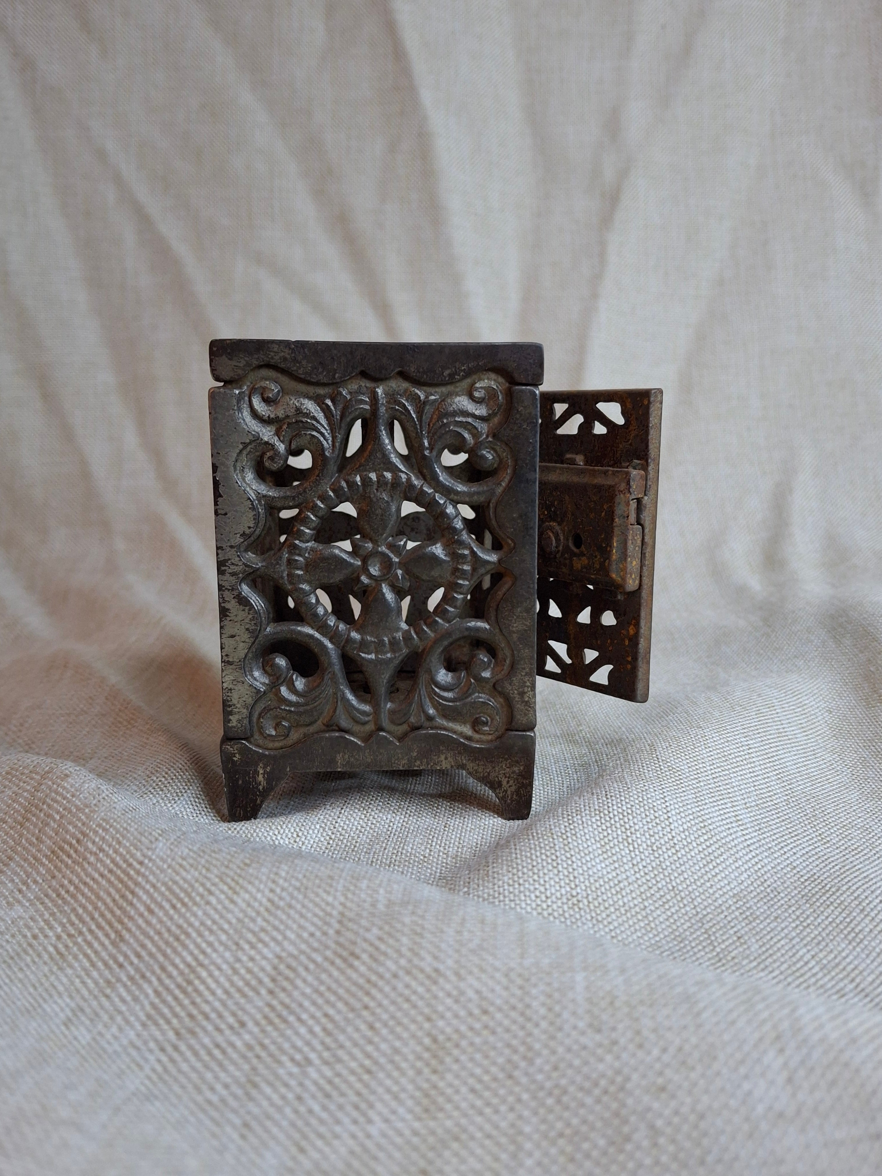 Antique J. & E. Stevens Cast Iron Safe Bank Pat June 2 1896 Ornate Still Bank