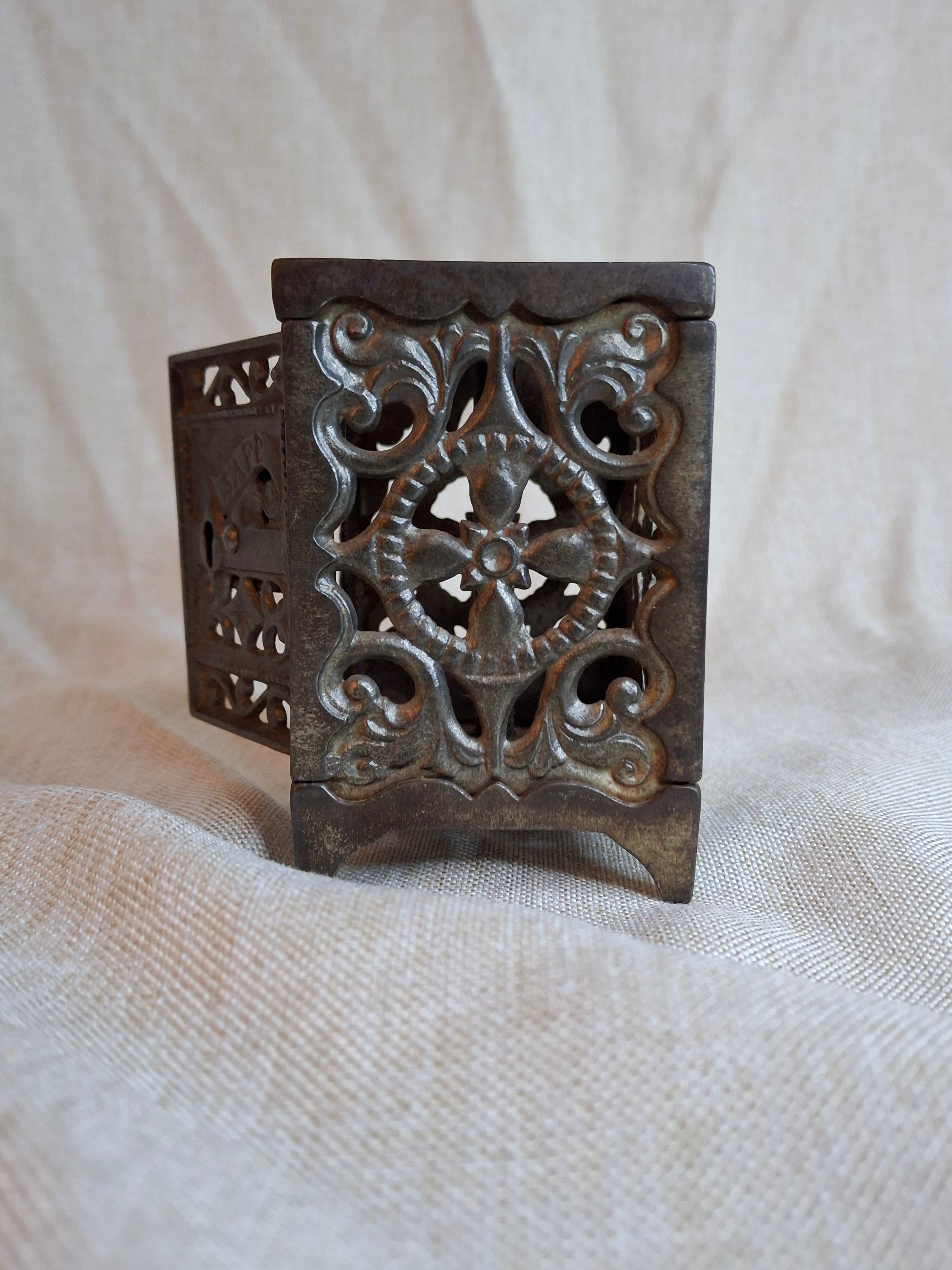 Antique J. & E. Stevens Cast Iron Safe Bank Pat June 2 1896 Ornate Still Bank