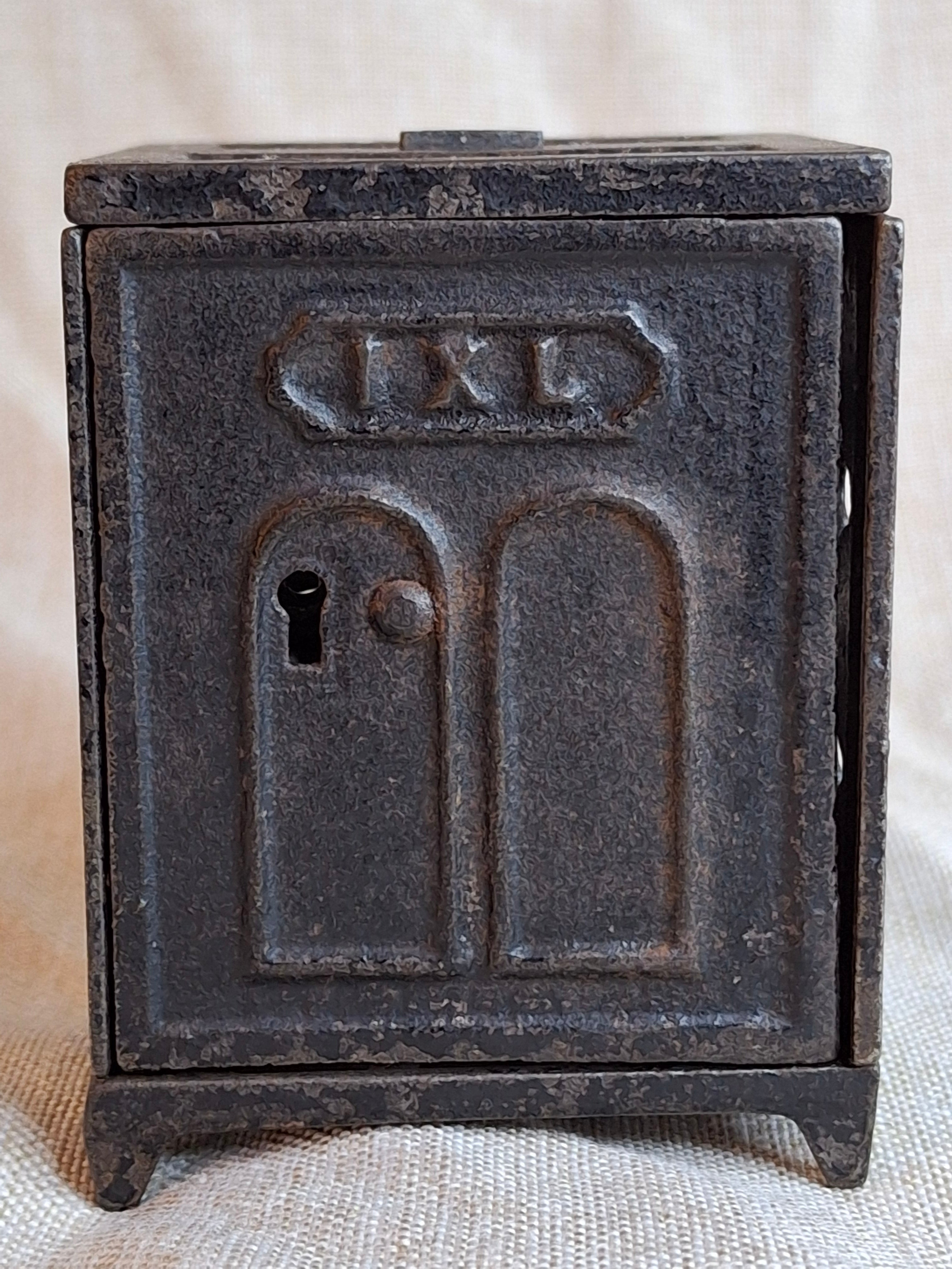 Antique IXL Cast Iron Still Bank Safe J & E Stevens 1880s Lattice Work Patina