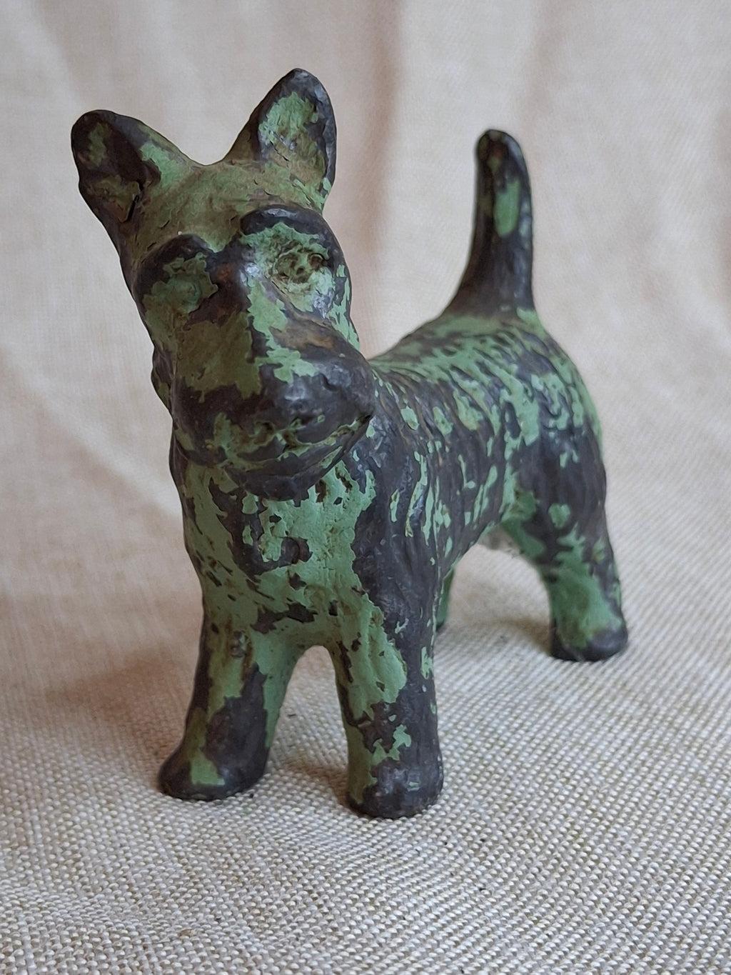 Antique Crescent Metal Works Cast Iron Scotty Dog Figurine Green Paint 1930s PA