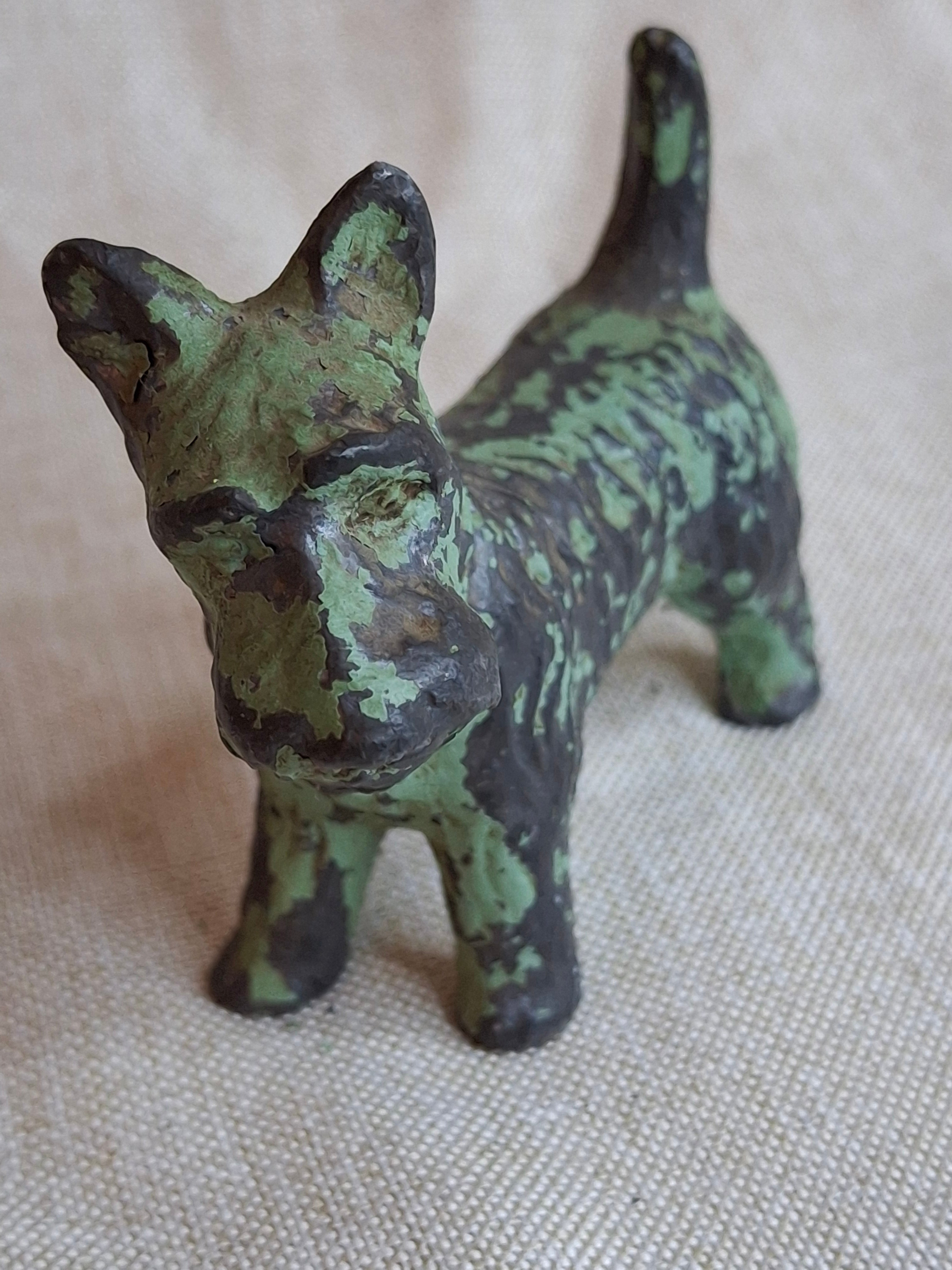 Antique Crescent Metal Works Cast Iron Scotty Dog Figurine Green Paint 1930s PA