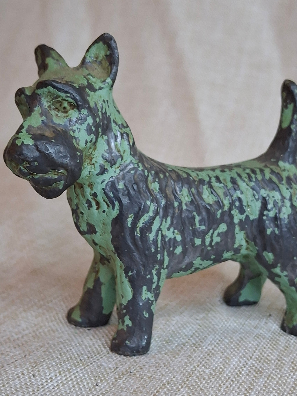 Antique Crescent Metal Works Cast Iron Scotty Dog Figurine Green Paint 1930s PA